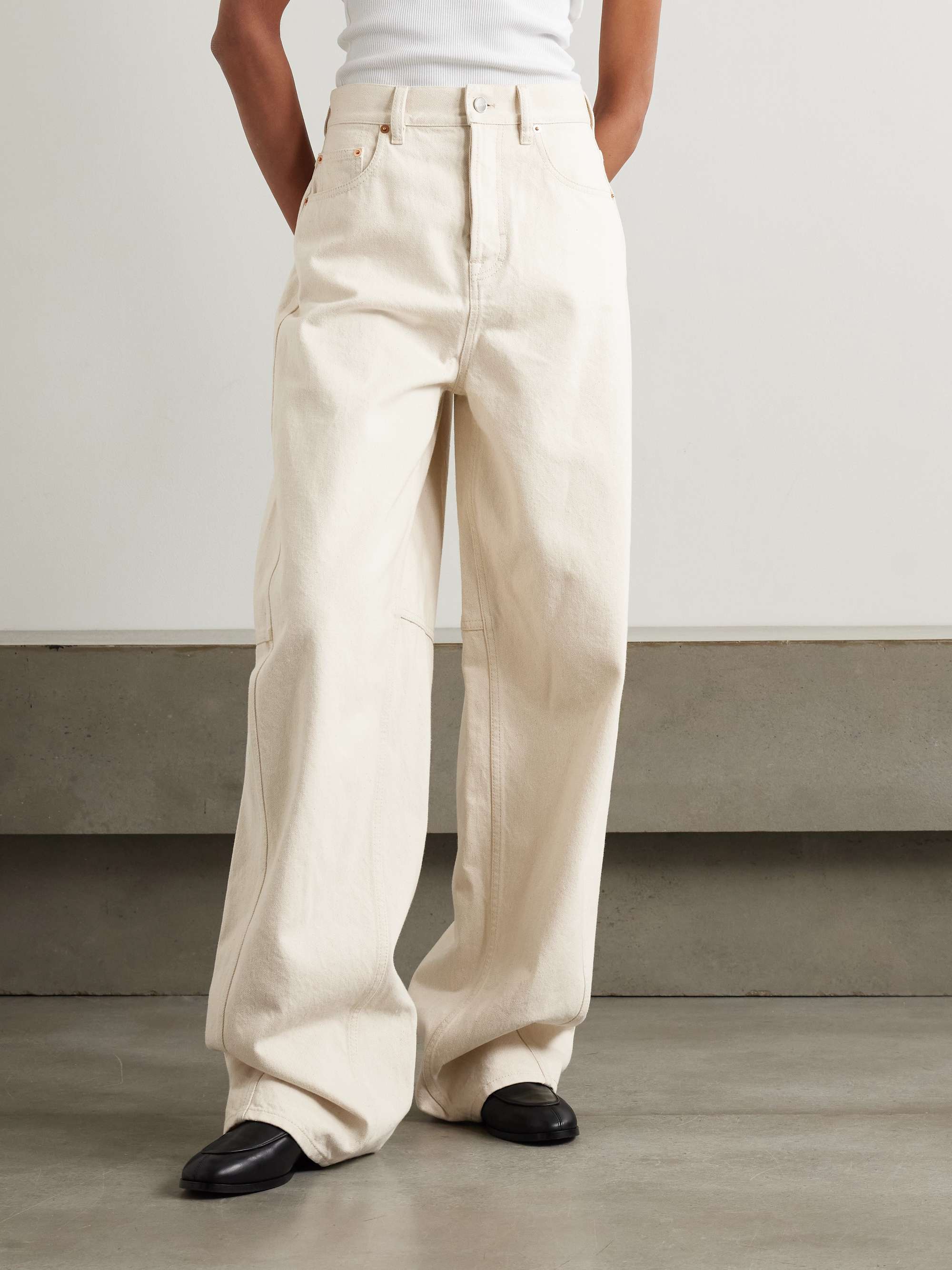 Patent leather-trimmed paneled high-rise barrel-leg jeans view