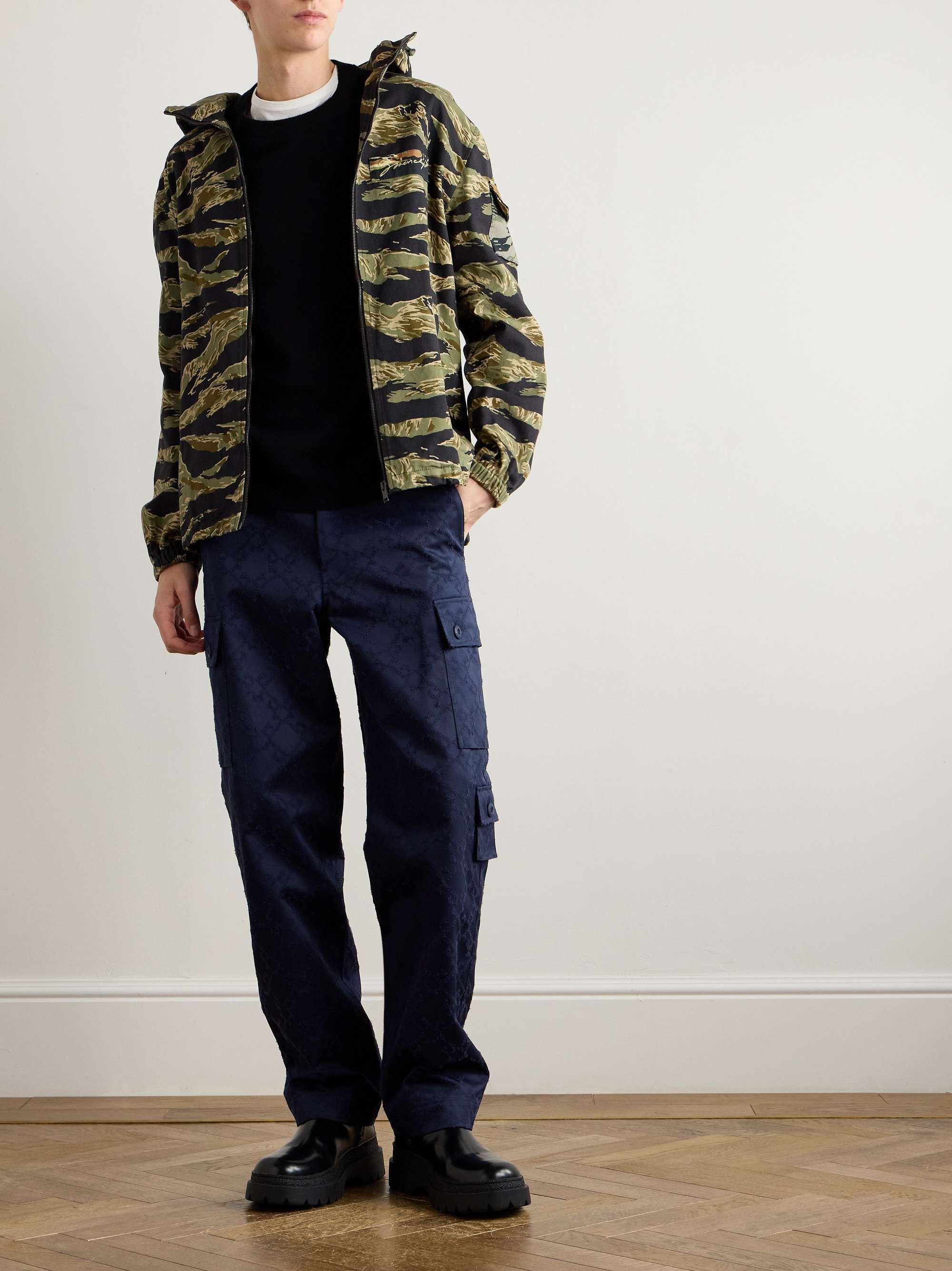 Straight-Leg Cotton-Twill Jacquard Cargo Trousers view