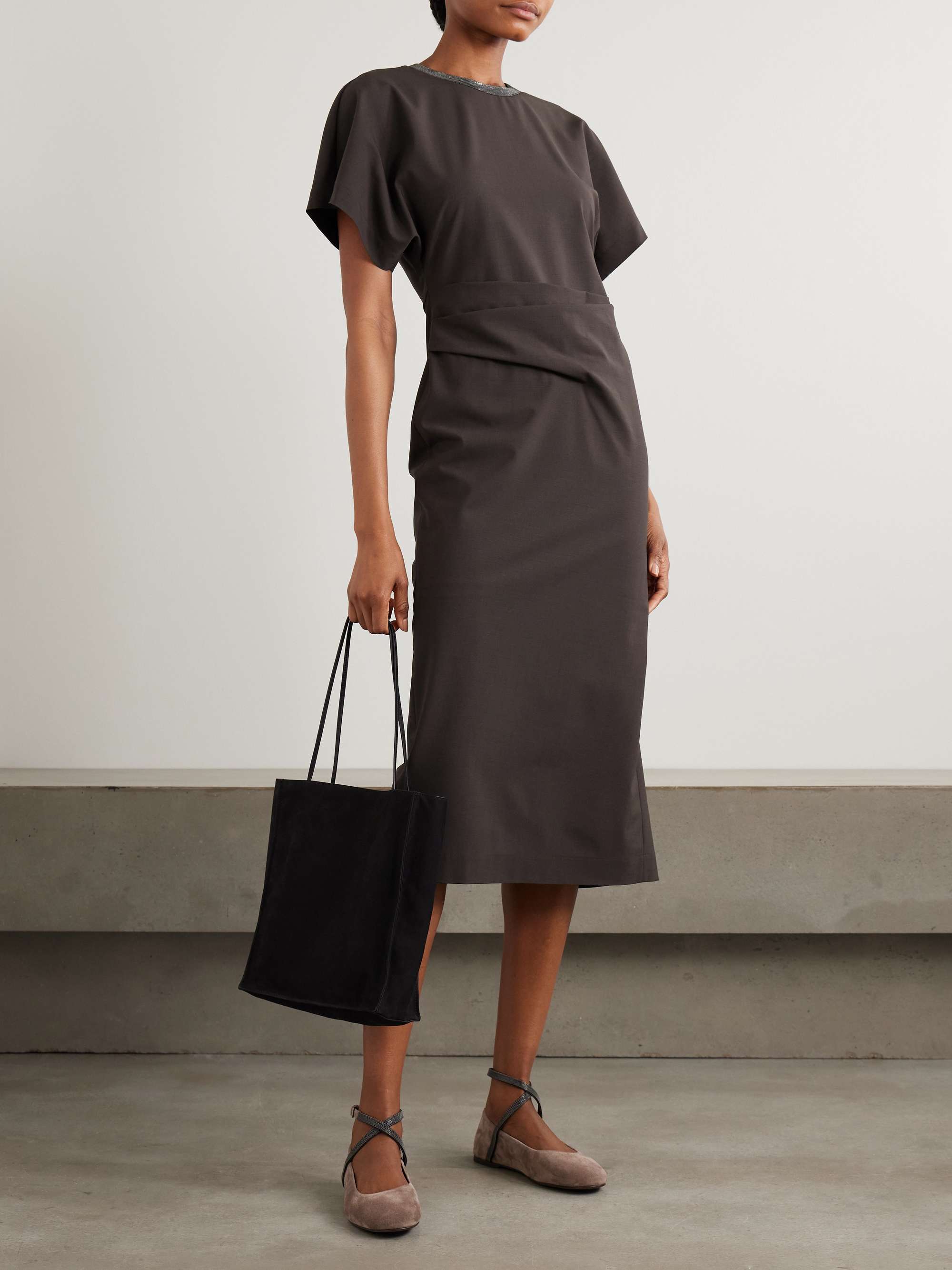 Embellished draped virgin wool-blend midi dress view