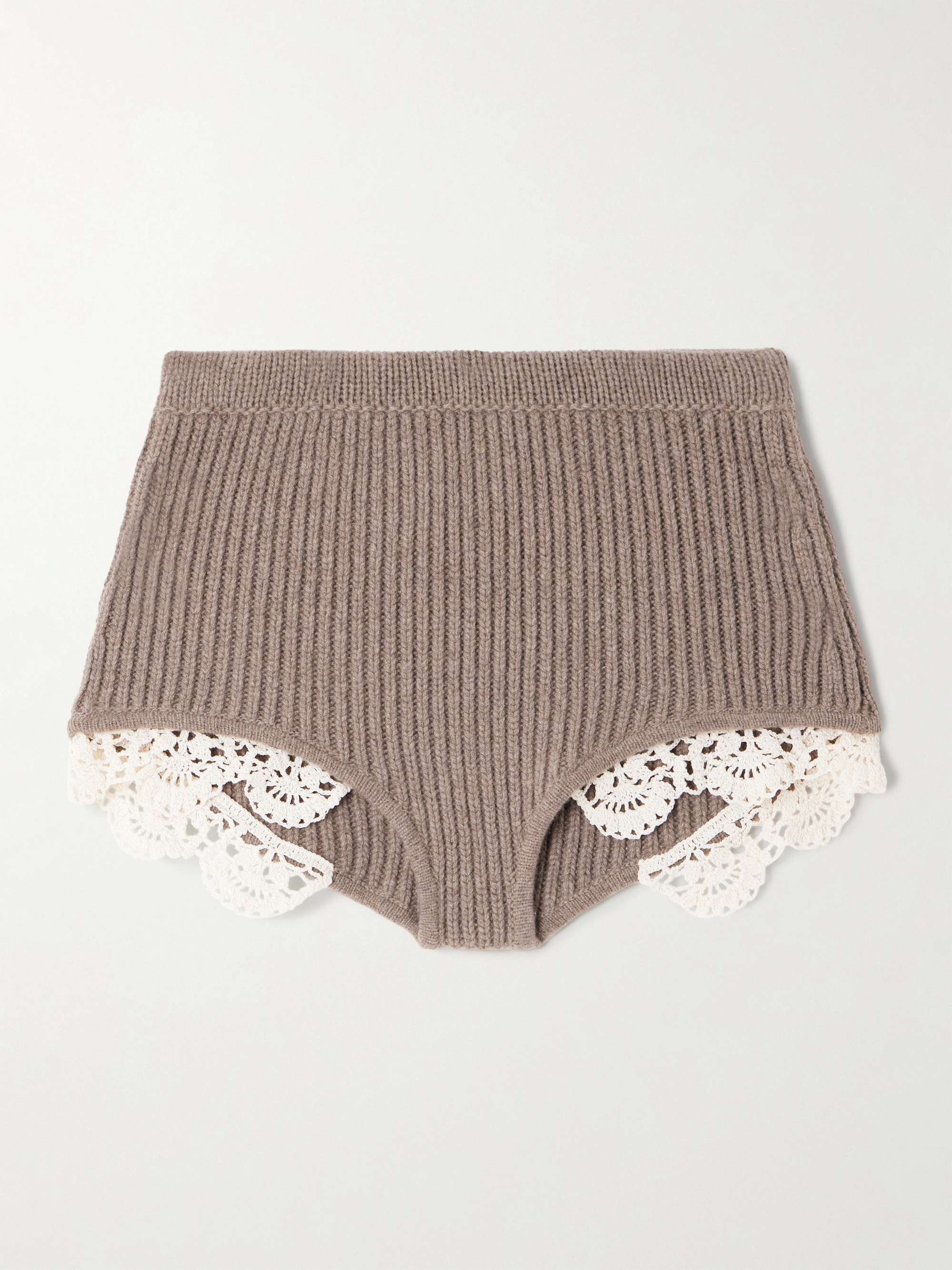 Crocheted cotton lace-trimmed ribbed cashmere shorts view