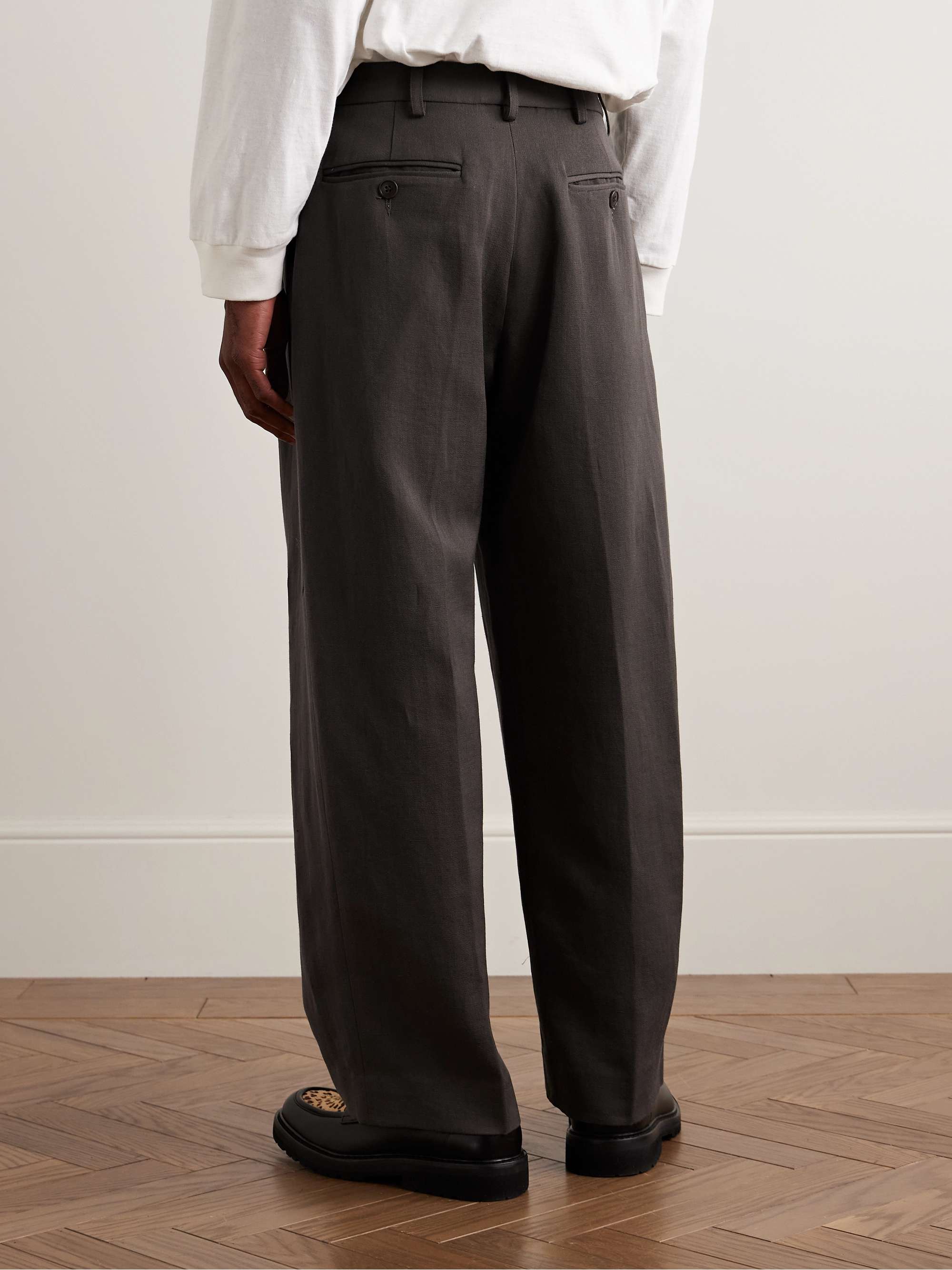 Wide-Leg Pleated Slub Linen and Wool-Blend Trousers view