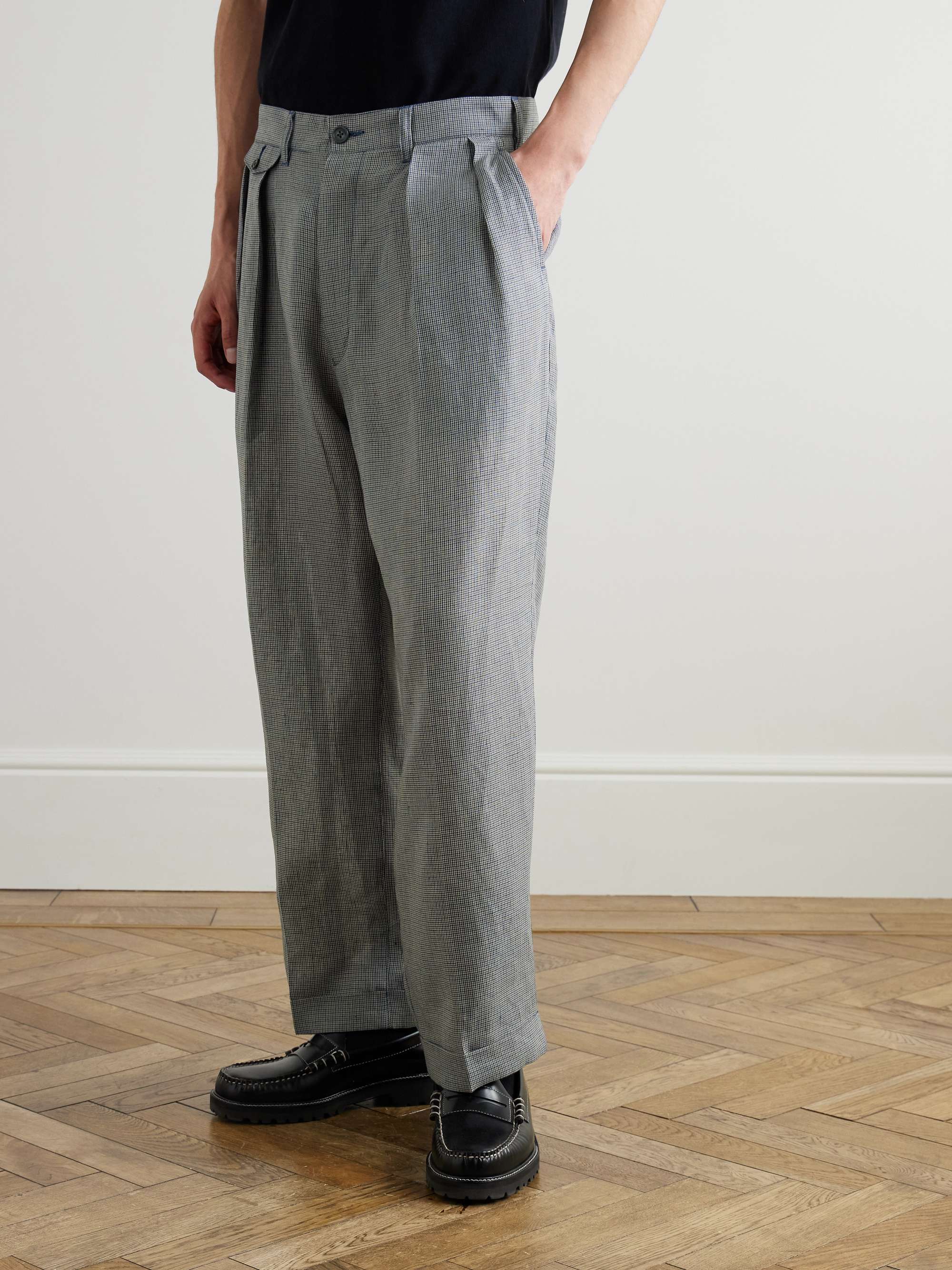 Straight-Leg Pleated Checked Linen and Cupro-Blend Trousers view