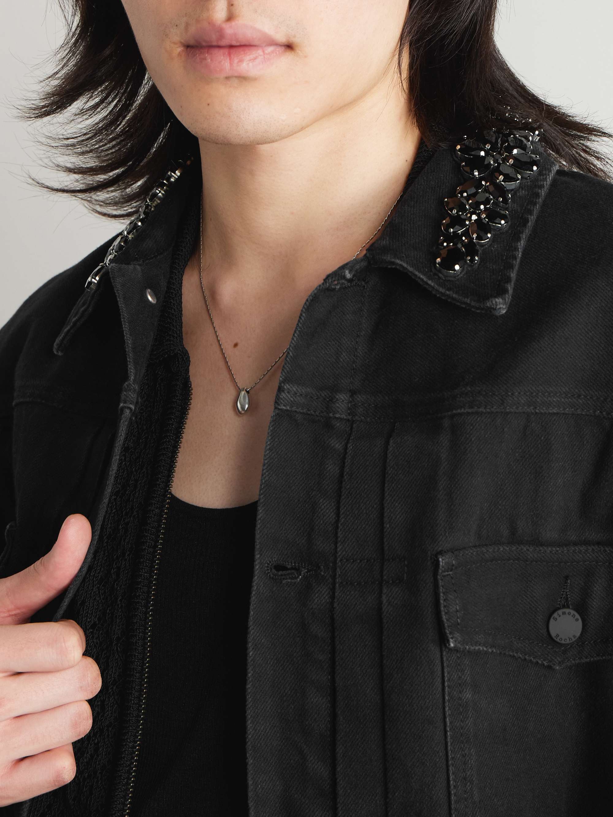 Crystal-Embellished Pleated Denim Jacket view
