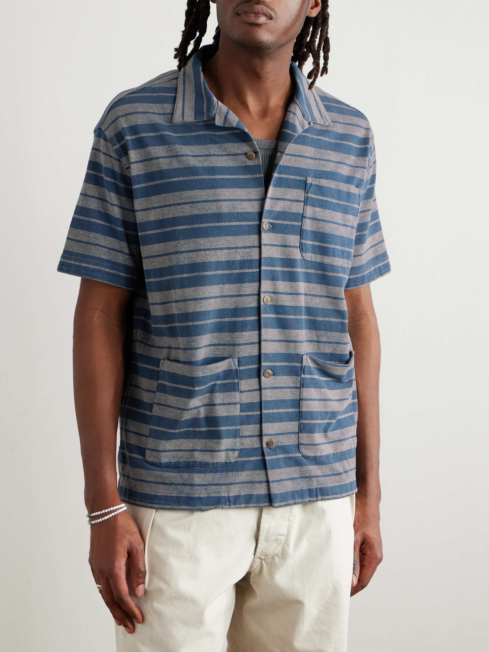 Jasper Convertible-Collar Indigo-Dyed Striped Cotton Shirt view