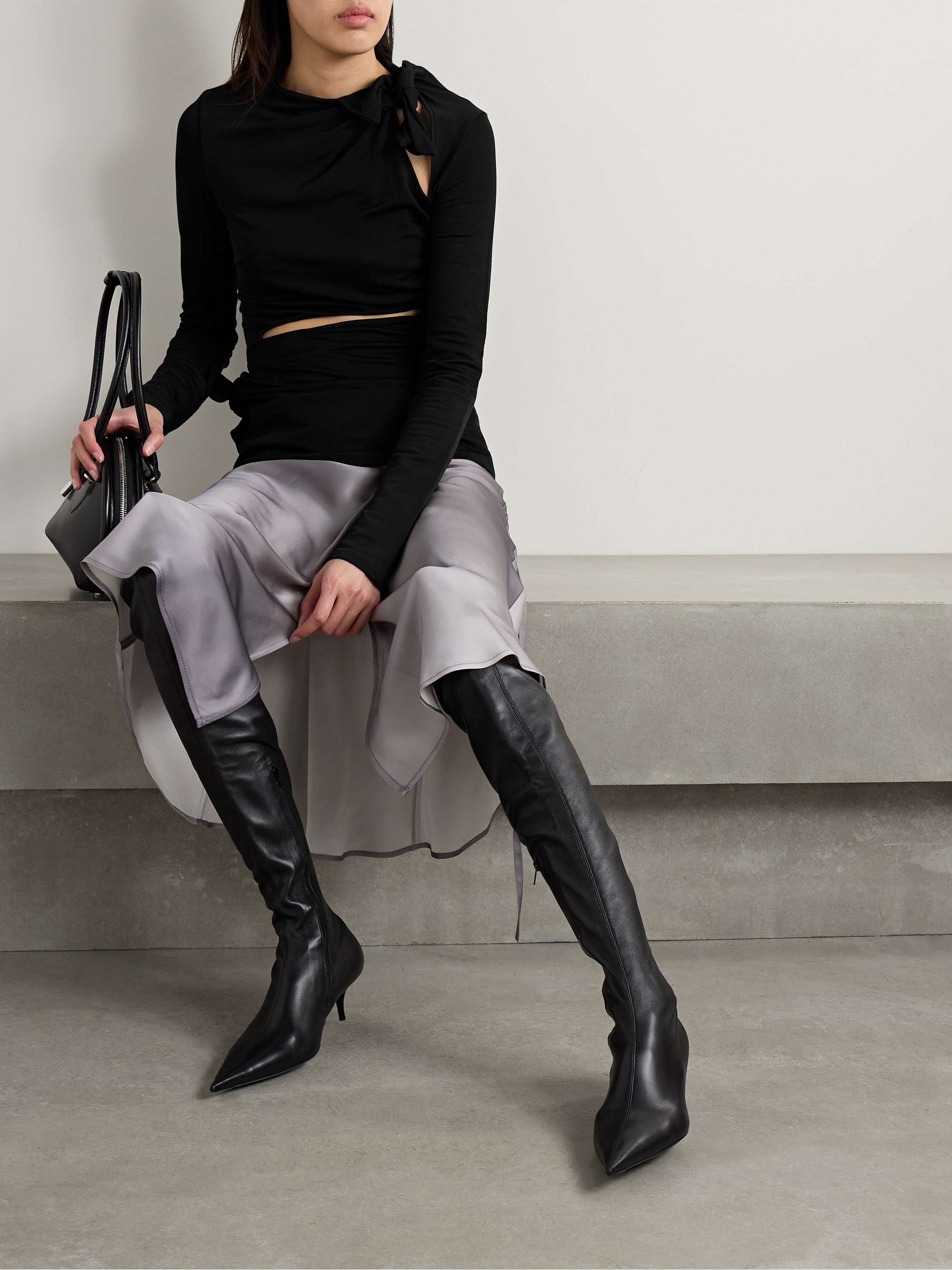 Cutout knotted ruched stretch-jersey top view