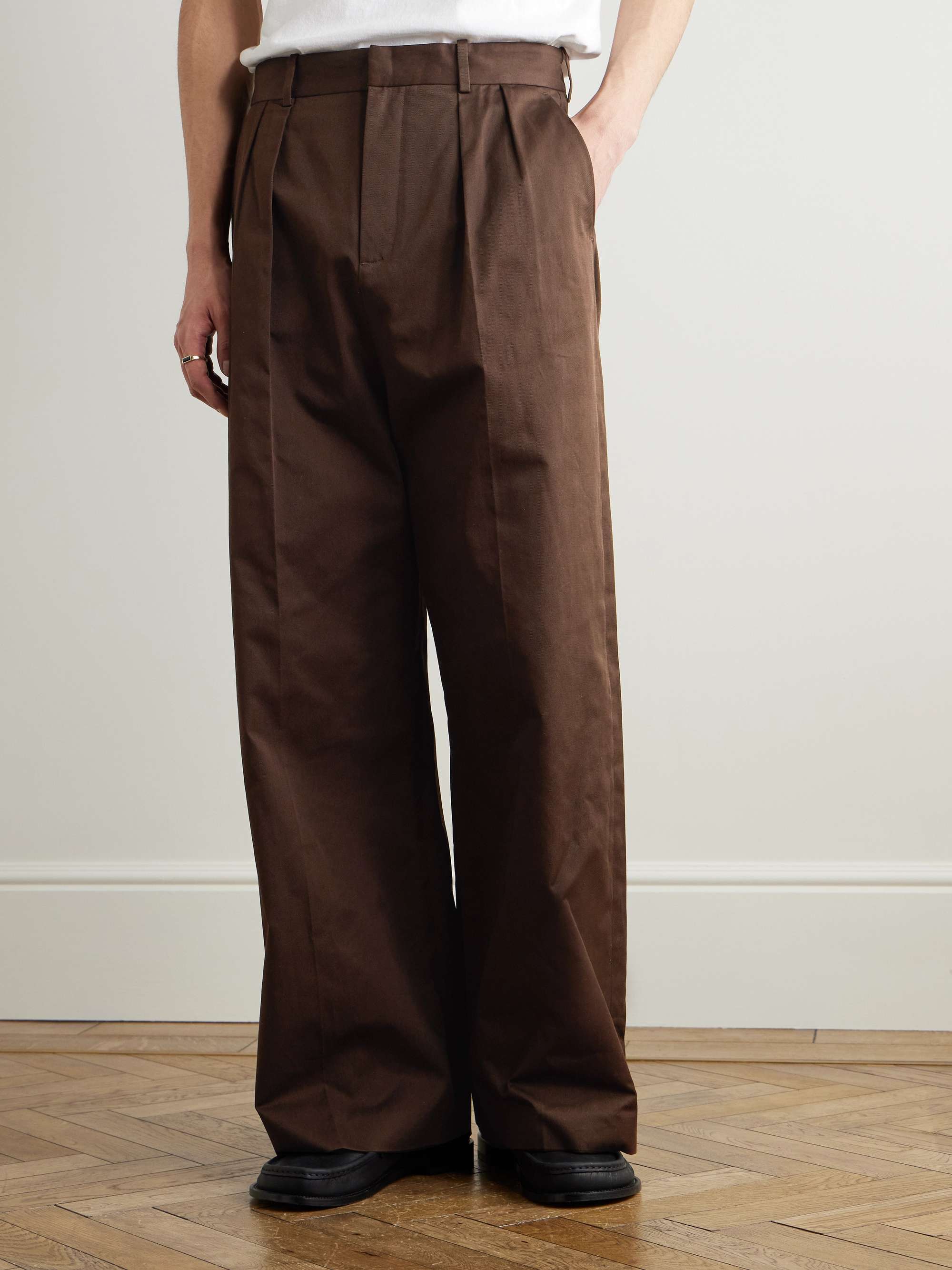 Straight-Leg Pleated Leather-Trimmed Cotton-Twill Trousers view