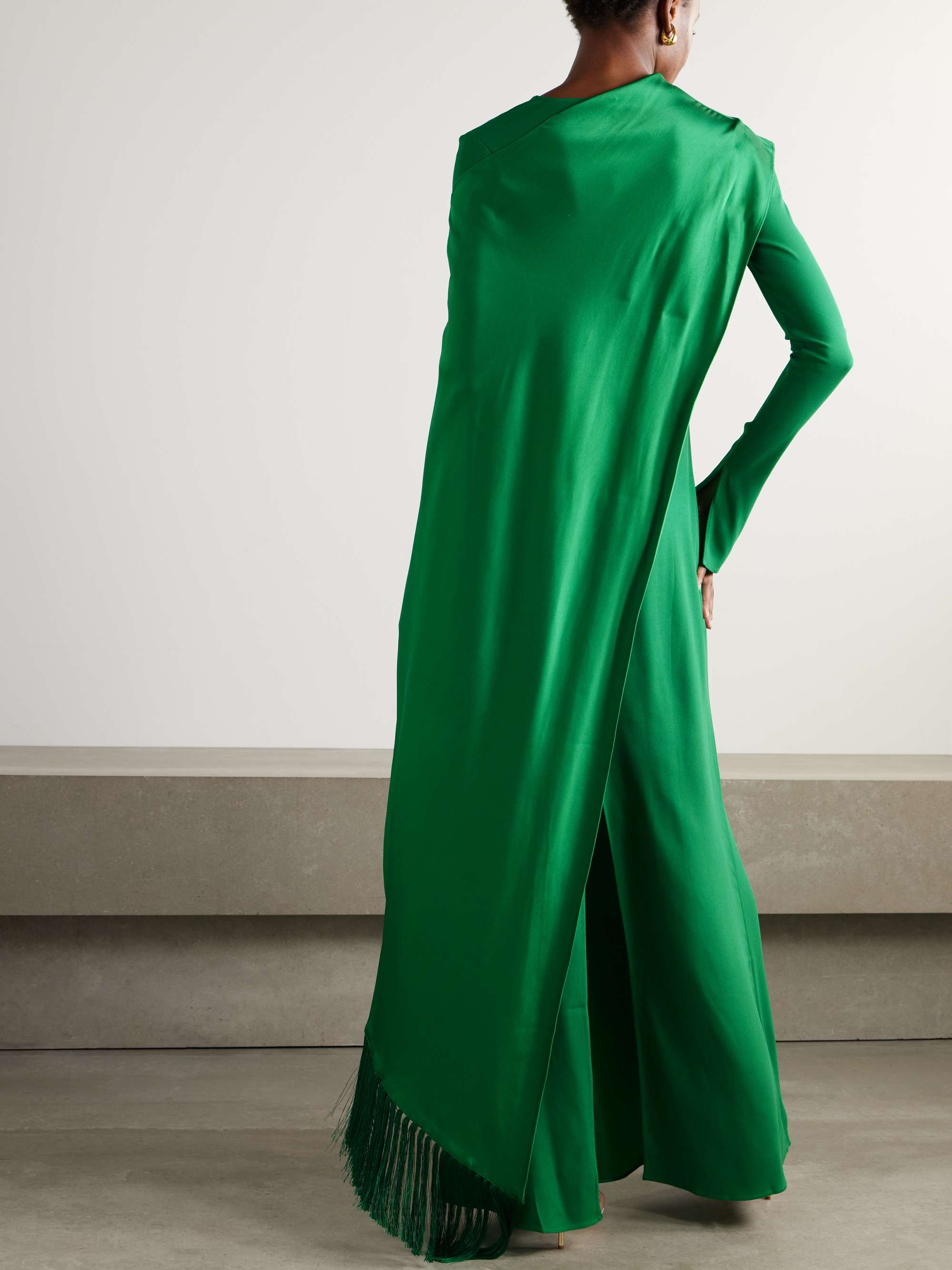 Mounia wrap-effect fringed crepe gown view