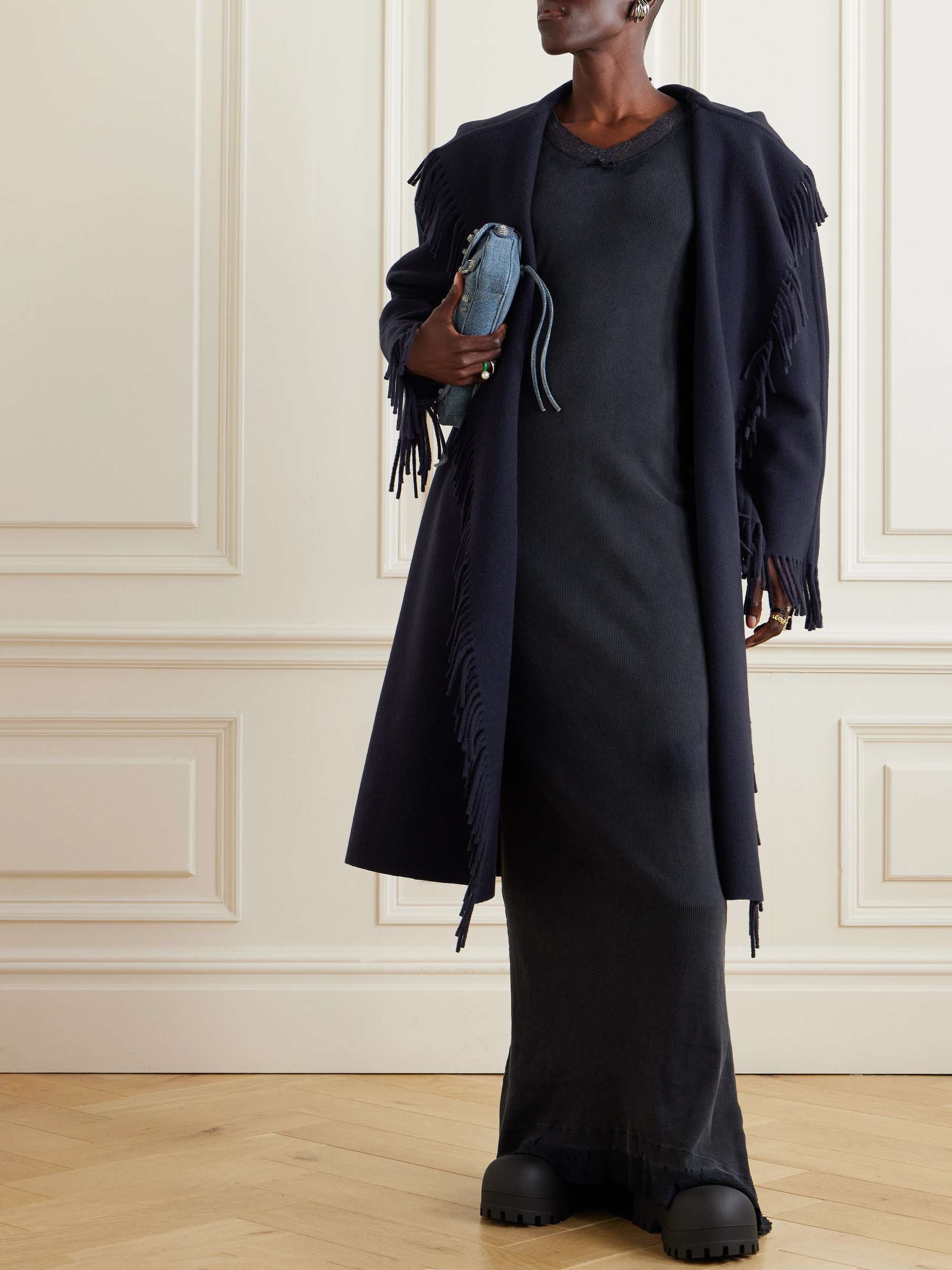 Fringed hooded brushed wool coat view