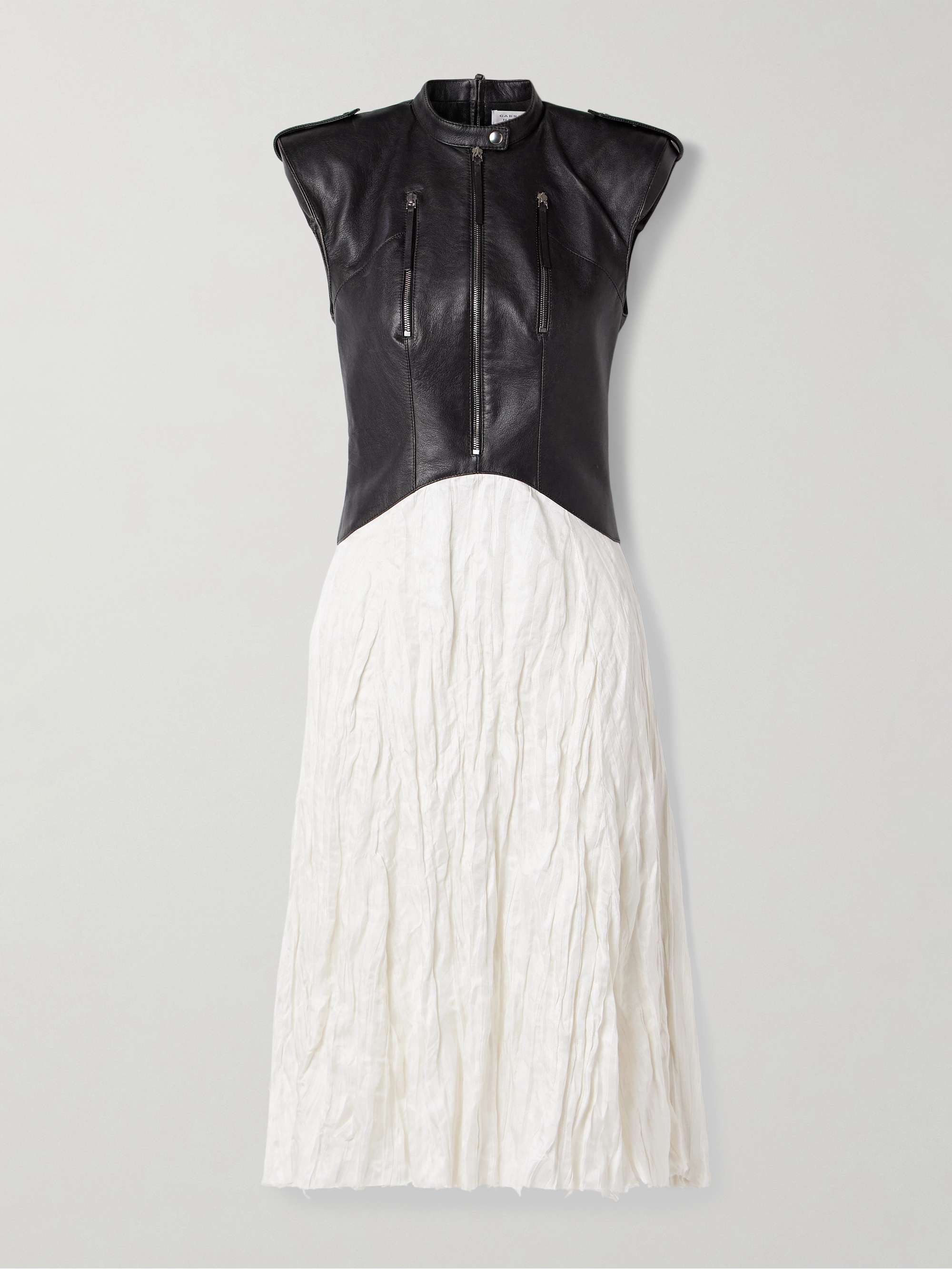 Athena paneled leather and crinkled silk-blend twill midi dress view