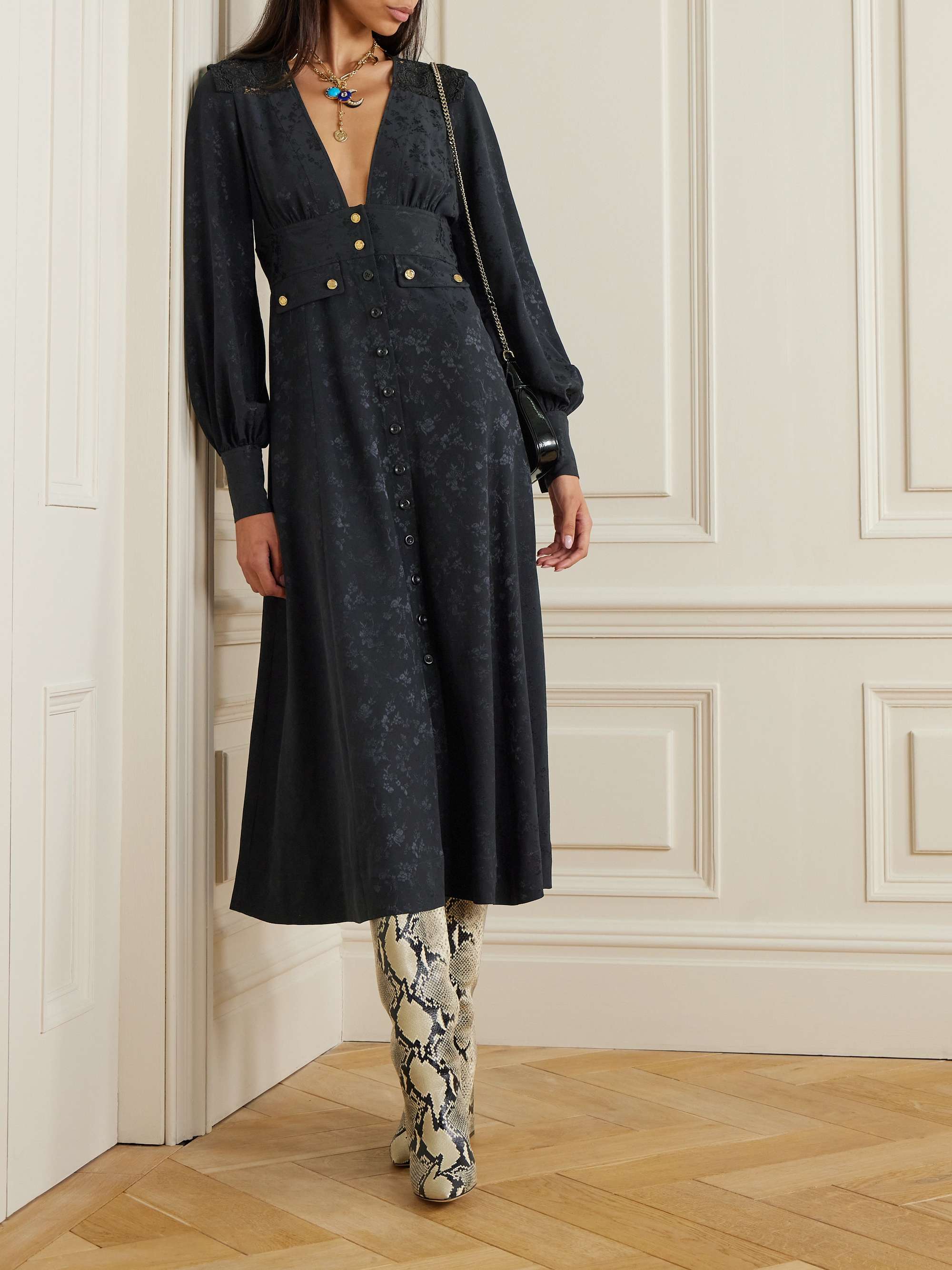 Nerina gathered guipure lace-trimmed silk-jacquard midi dress view