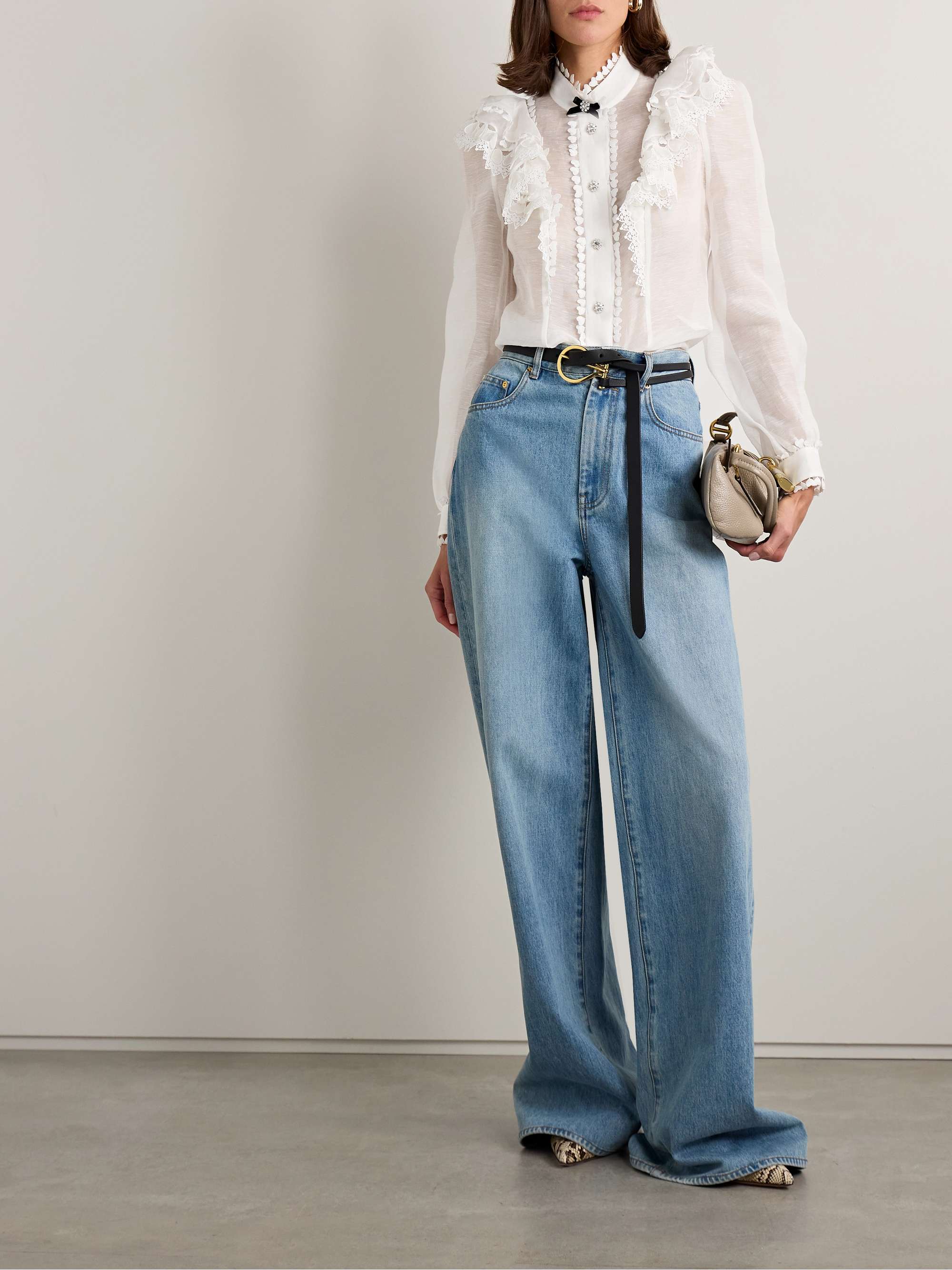 Crush crystal-embellished guipure lace-trimmed ruffled linen and silk-blend organza shirt view