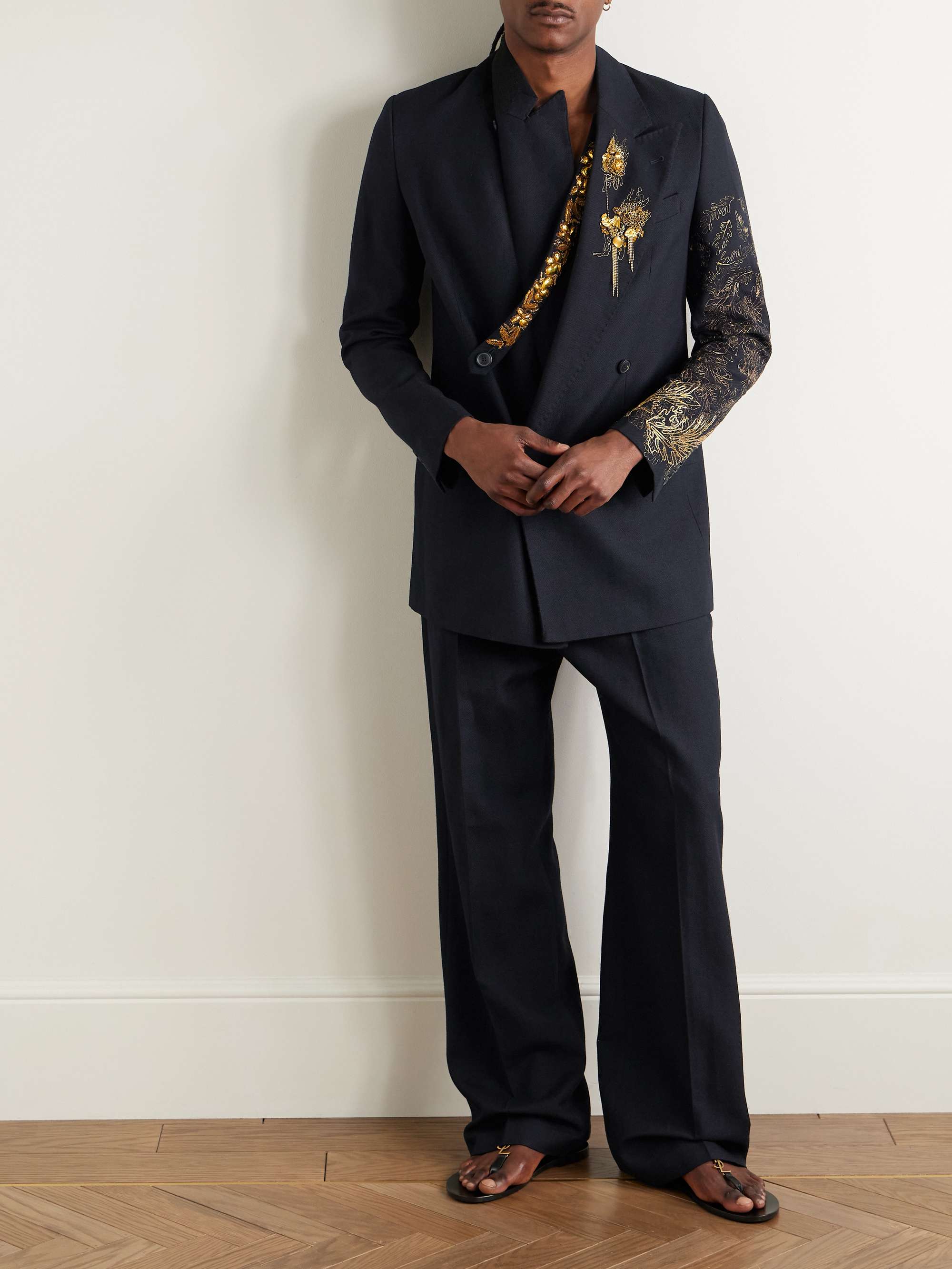 Slim-Fit Double-Breasted Embellished Wool and Linen-Blend Twill Blazer view