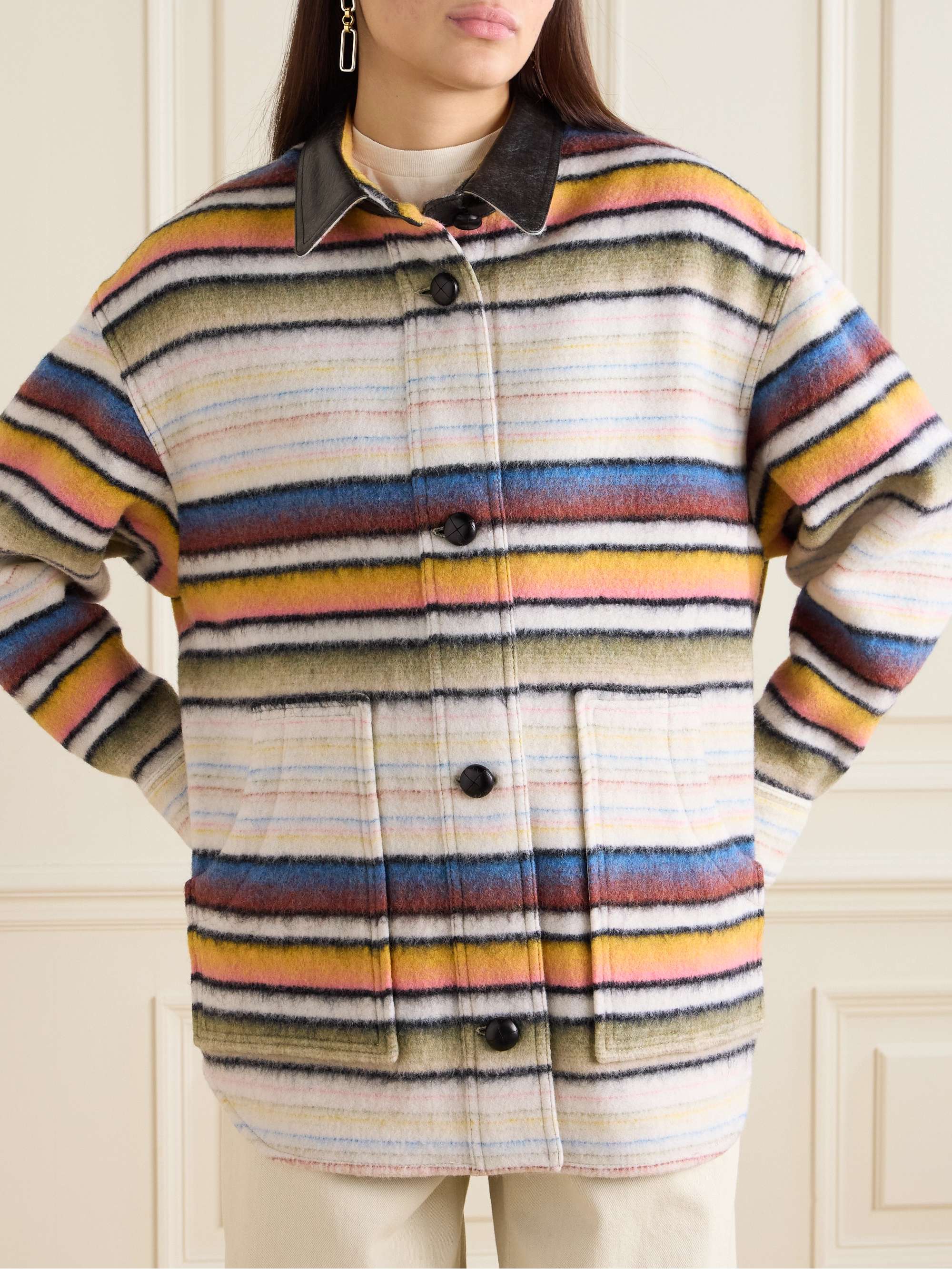 Dayvi oversized faux leather-trimmed striped brushed wool-blend jacket view