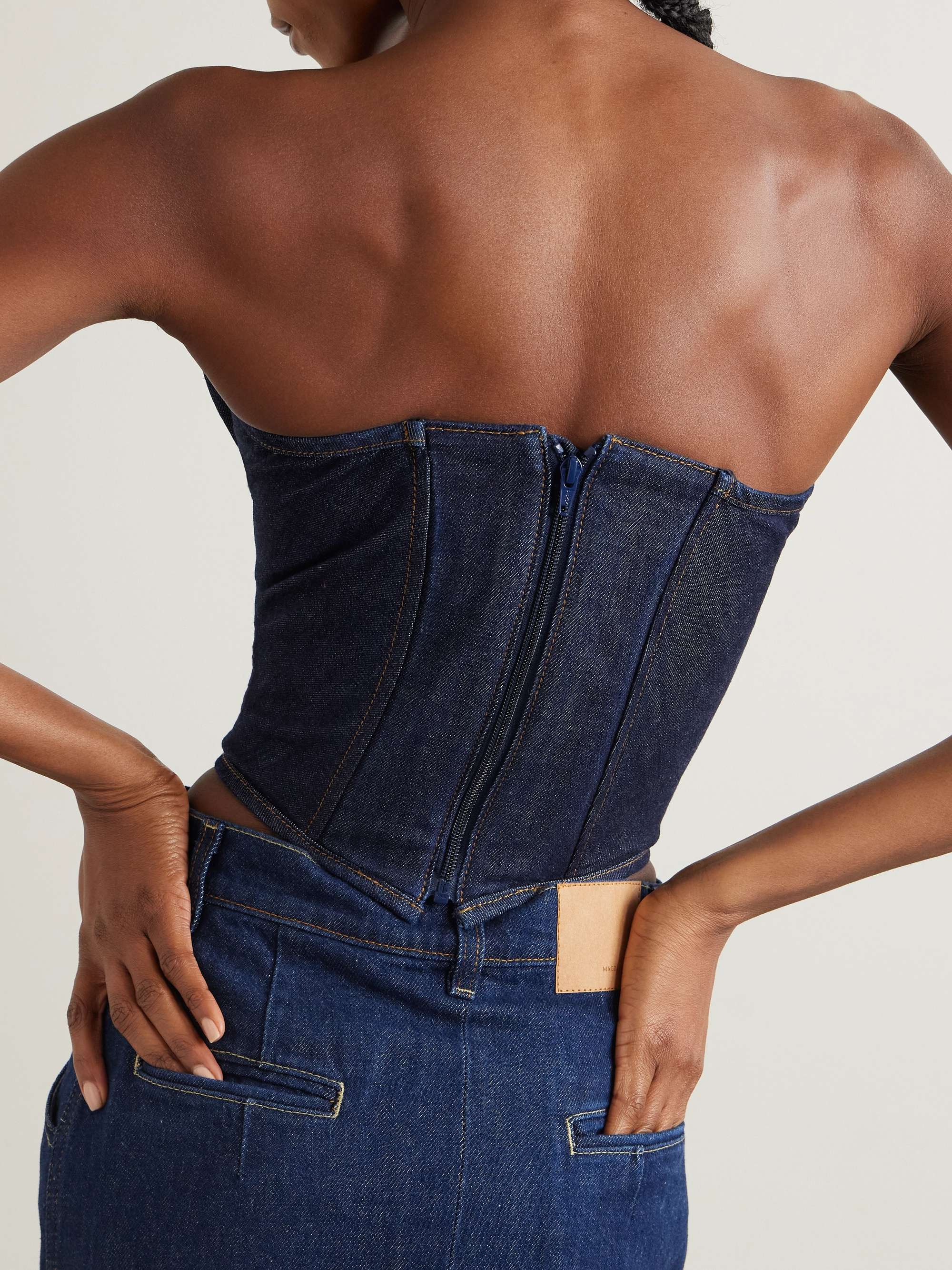 Strapless cropped denim bustier top view