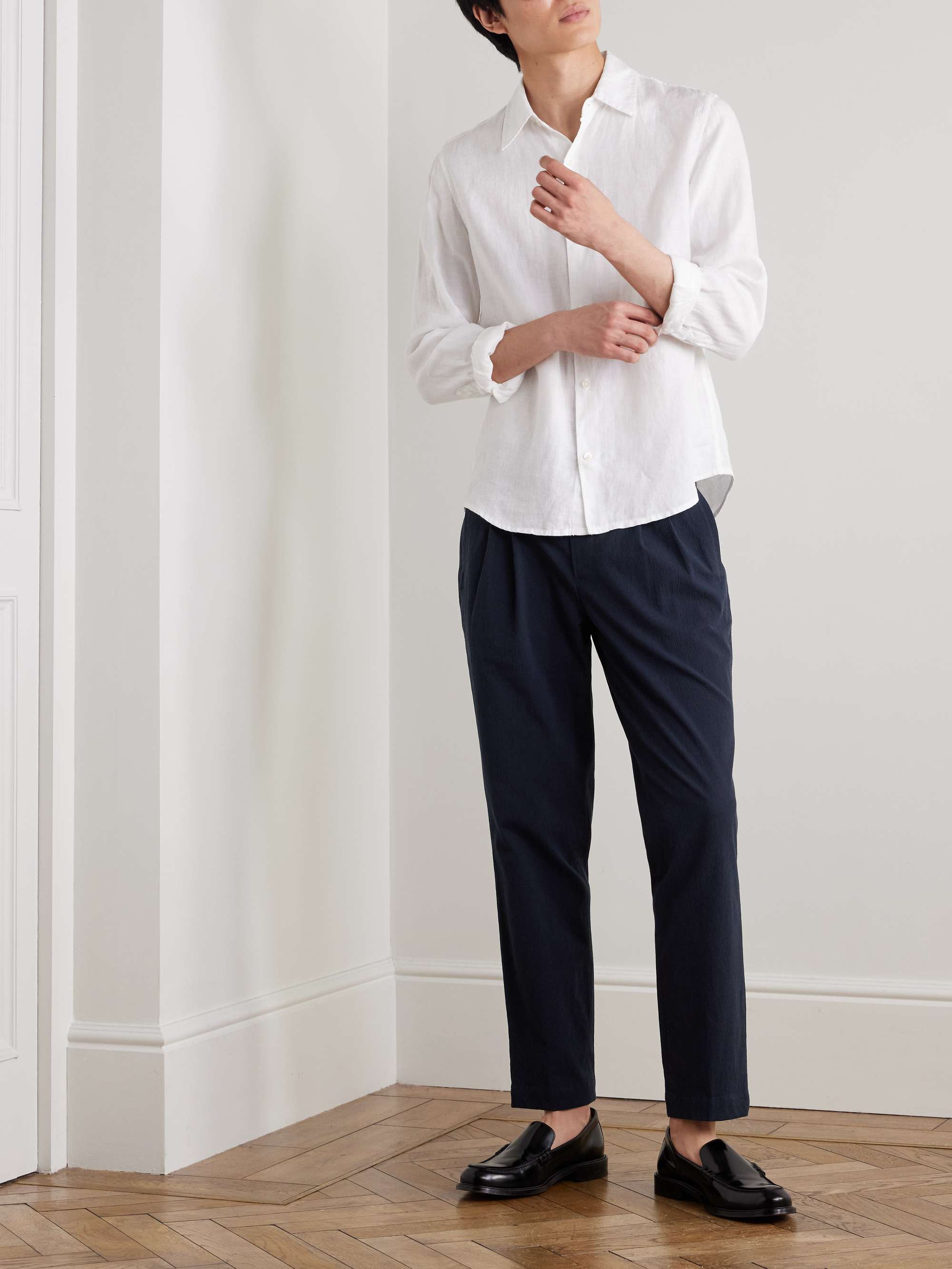 Steve Straight-Leg Pleated Organic Cotton-Blend Seersucker Trousers view