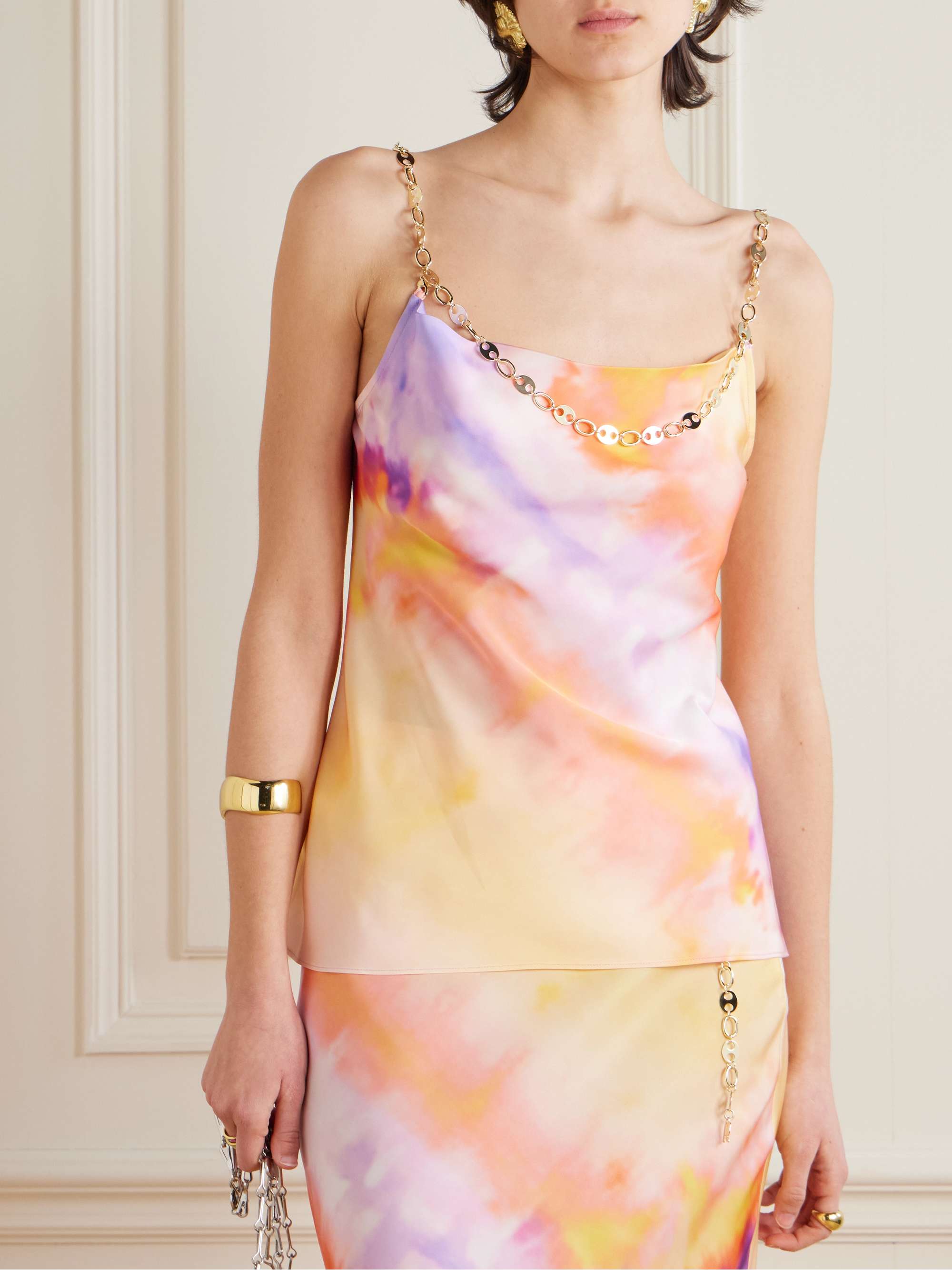 Chainmail-embellished tie-dyed satin camisole view