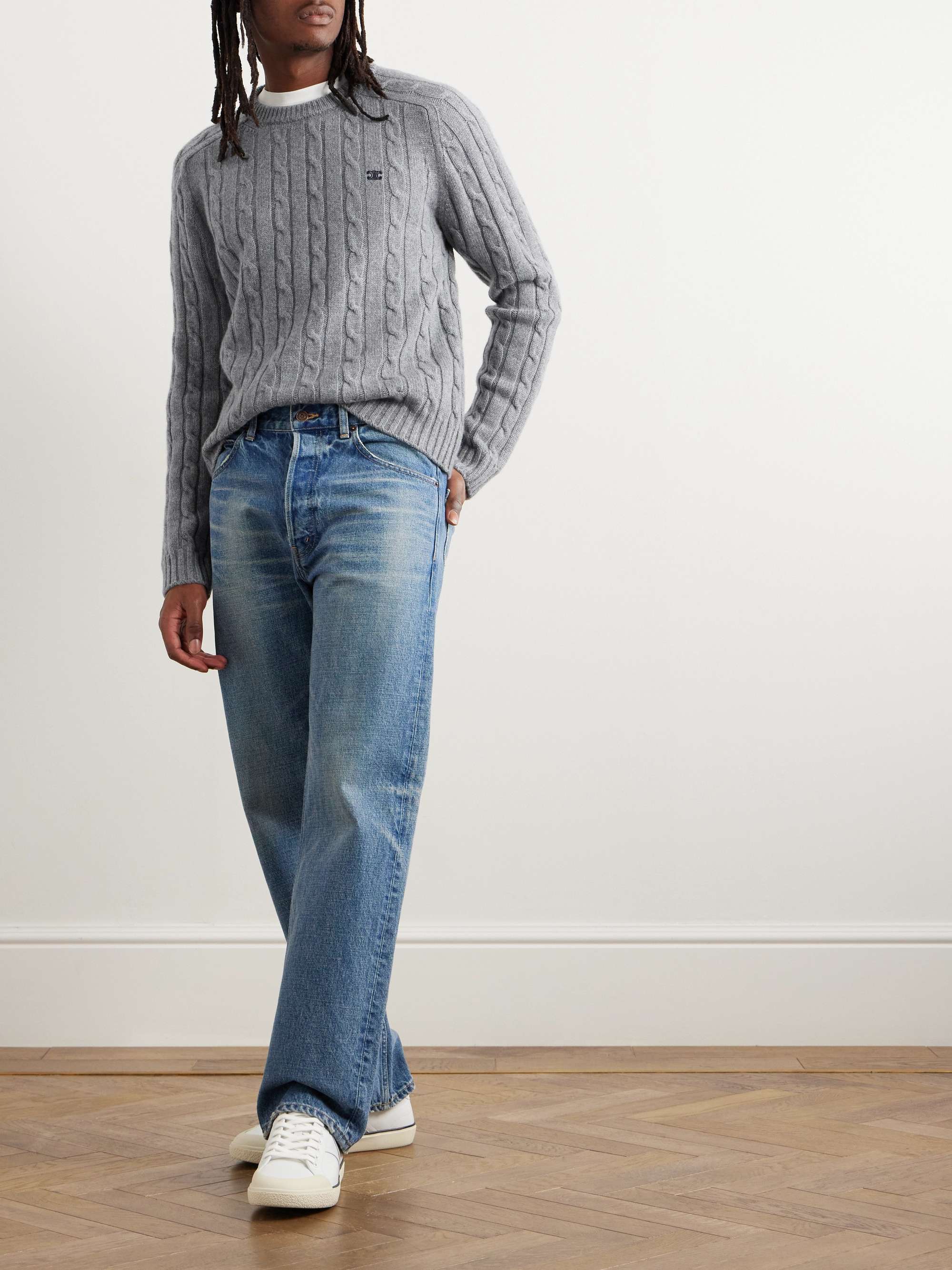 Suede-Trimmed Cable-Knit Cashmere Sweater view