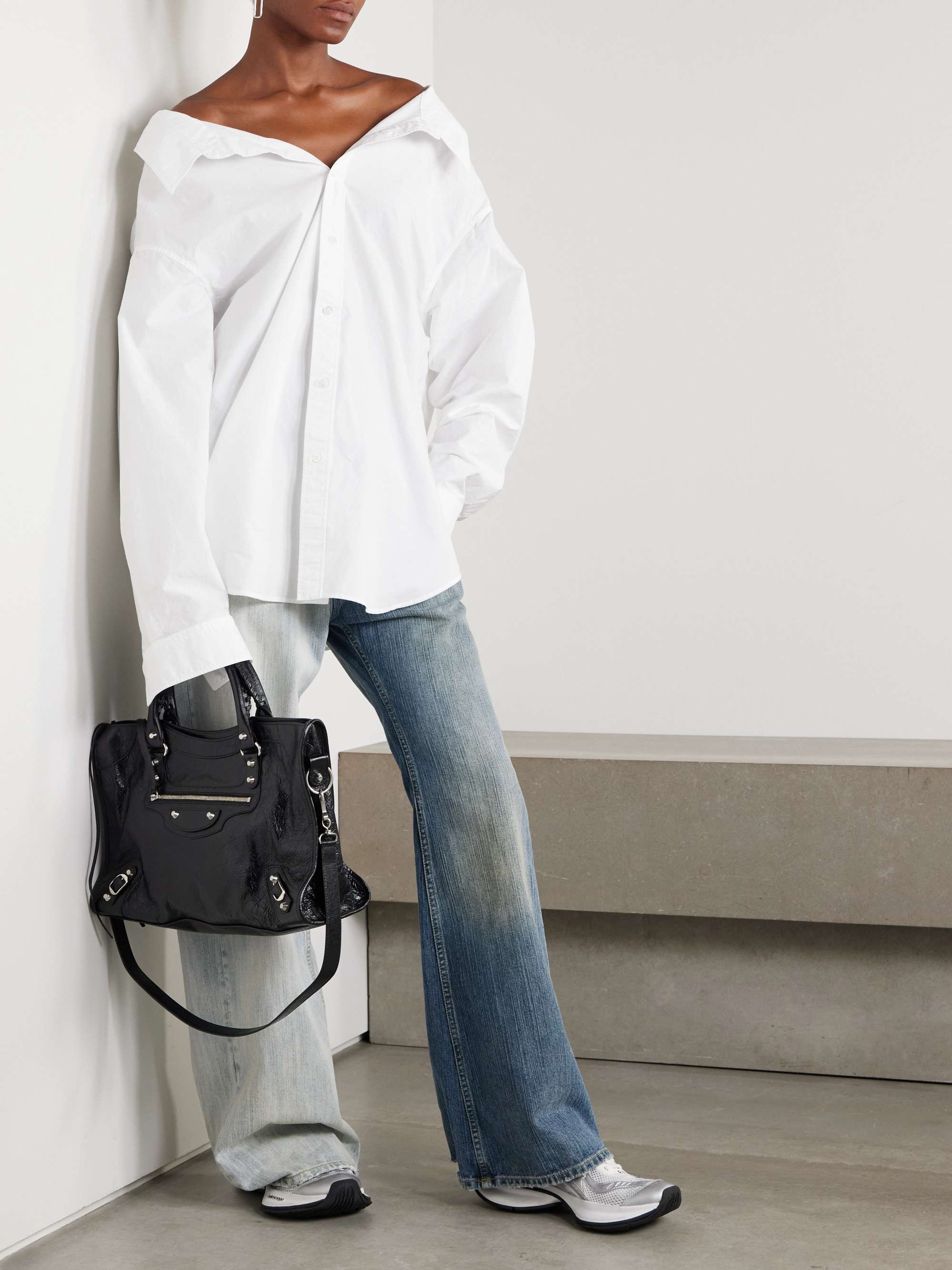Oversized off-the-shoulder cotton-poplin shirt view