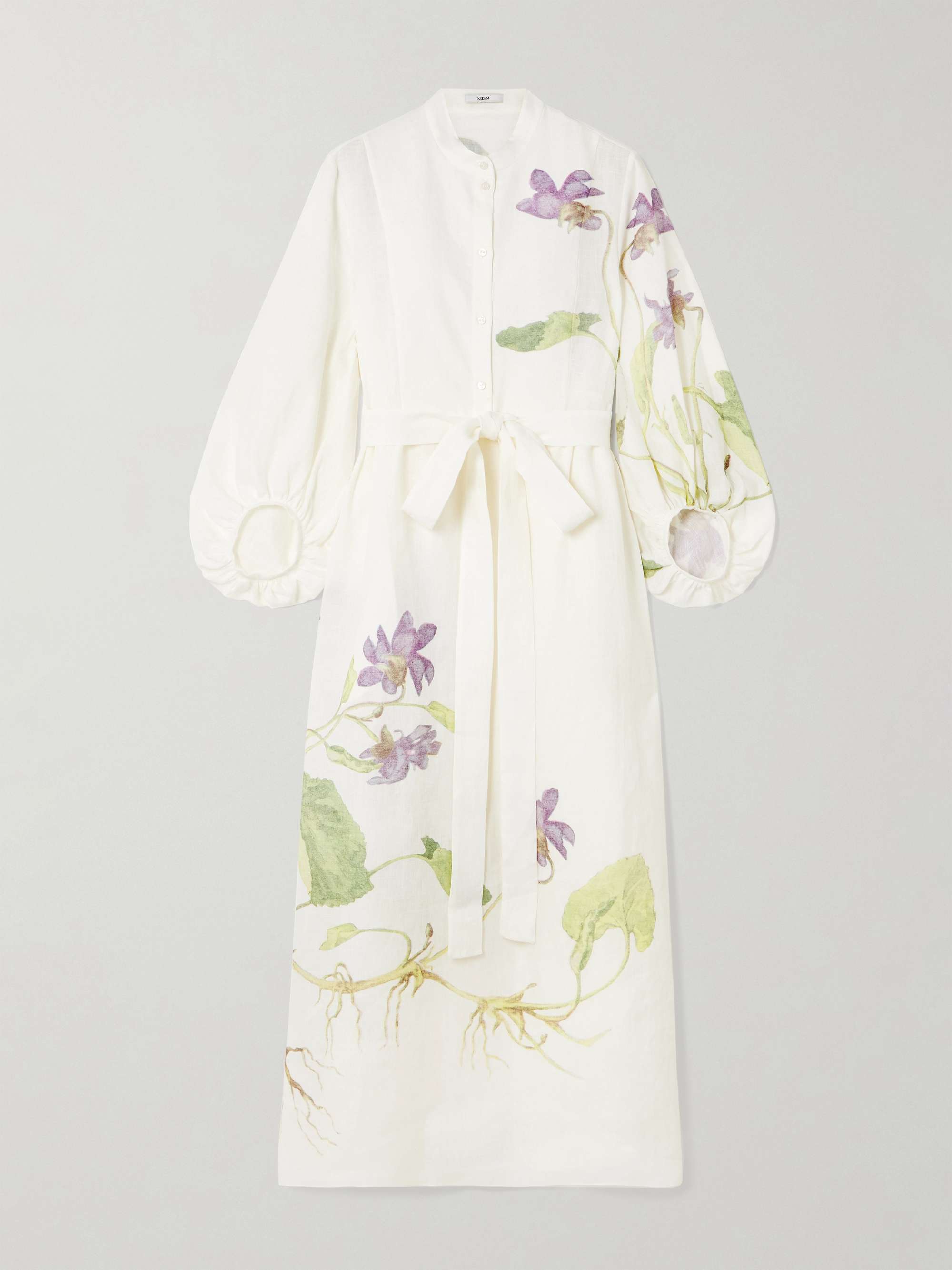 Belted floral-print linen midi dress view