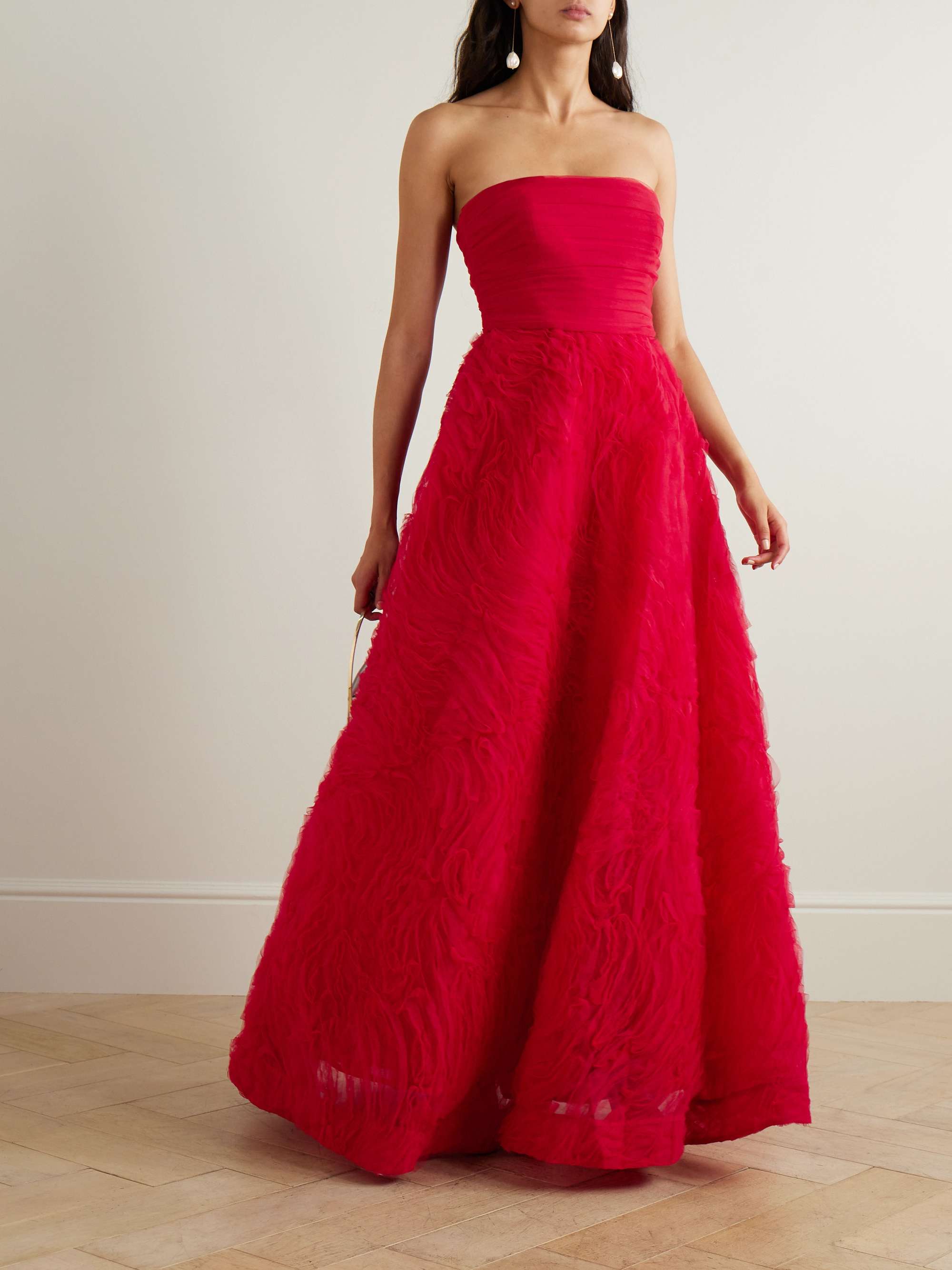 Fernanda strapless pleated ruffled tulle gown view