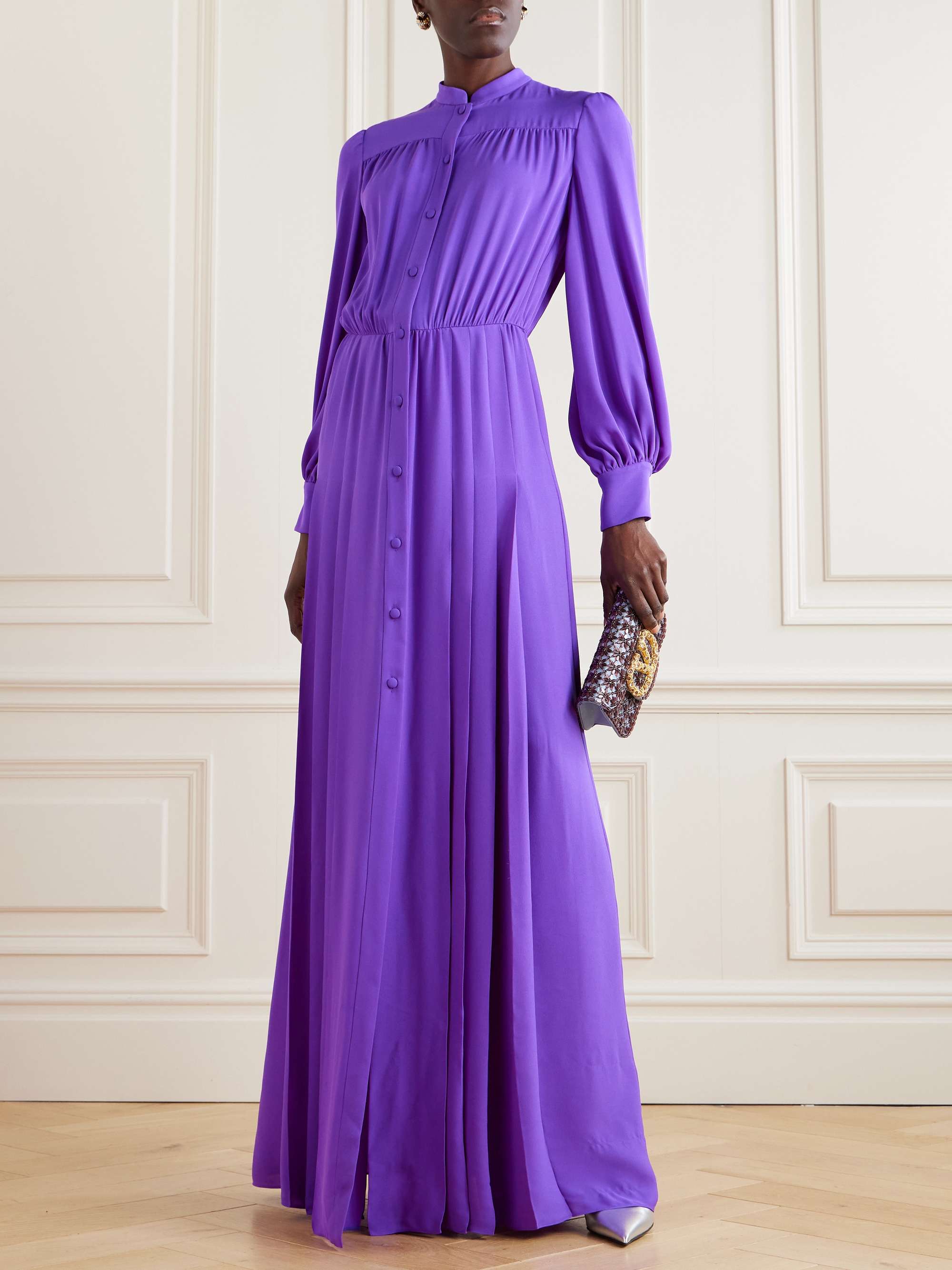 Gathered pleated silk-georgette gown view