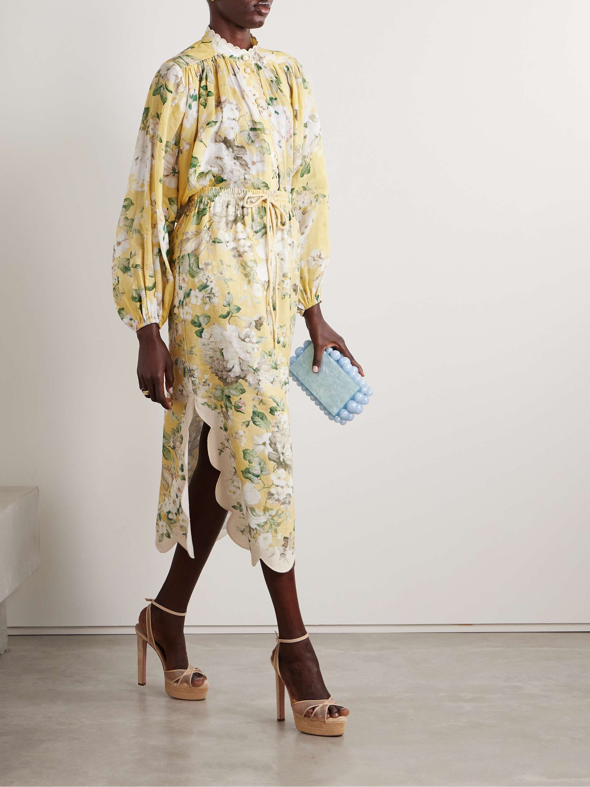 Acacia scalloped floral-print linen midi skirt view