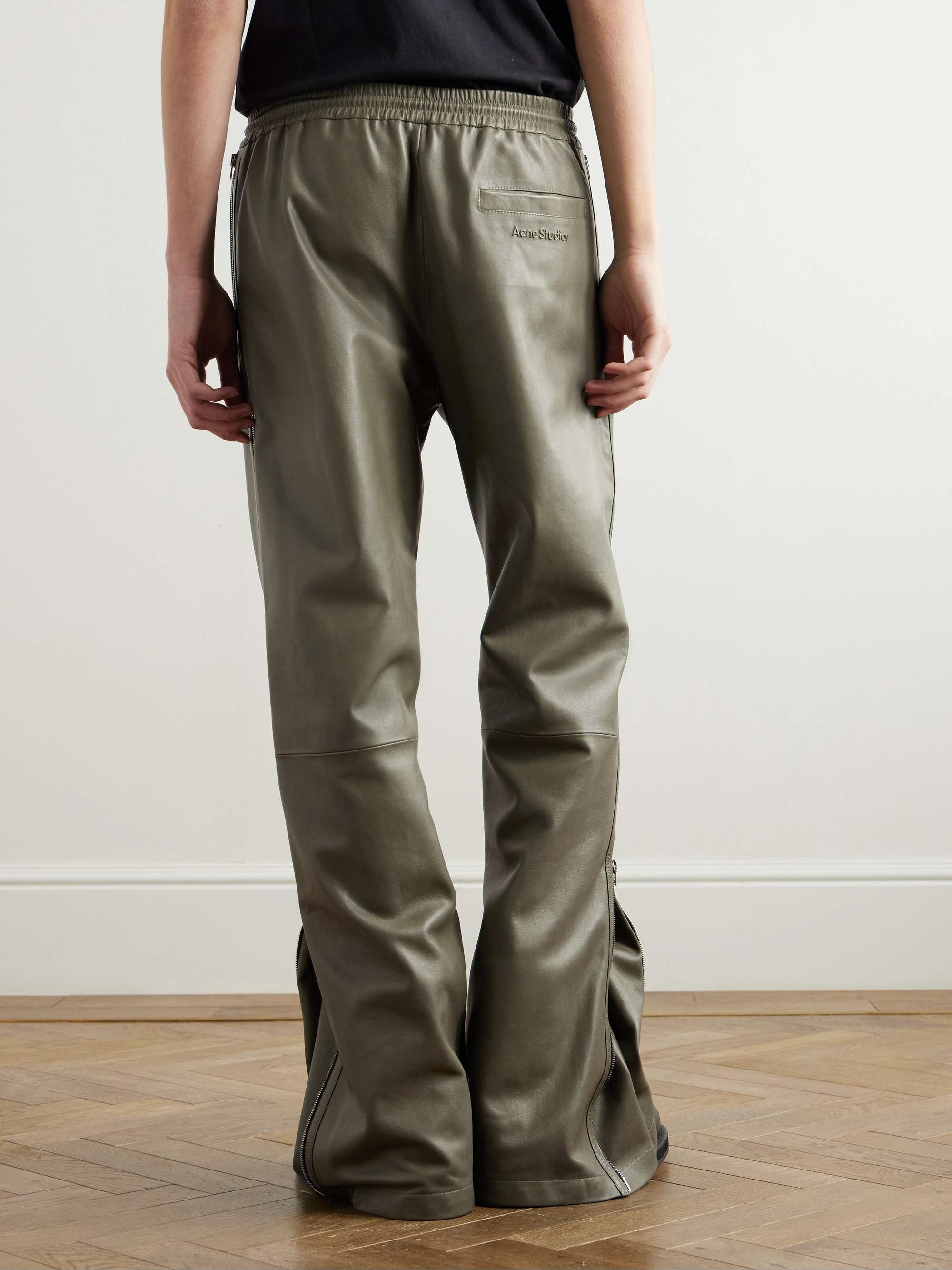 Straight-Leg Zip-Detailed Leather Drawstring Trousers view