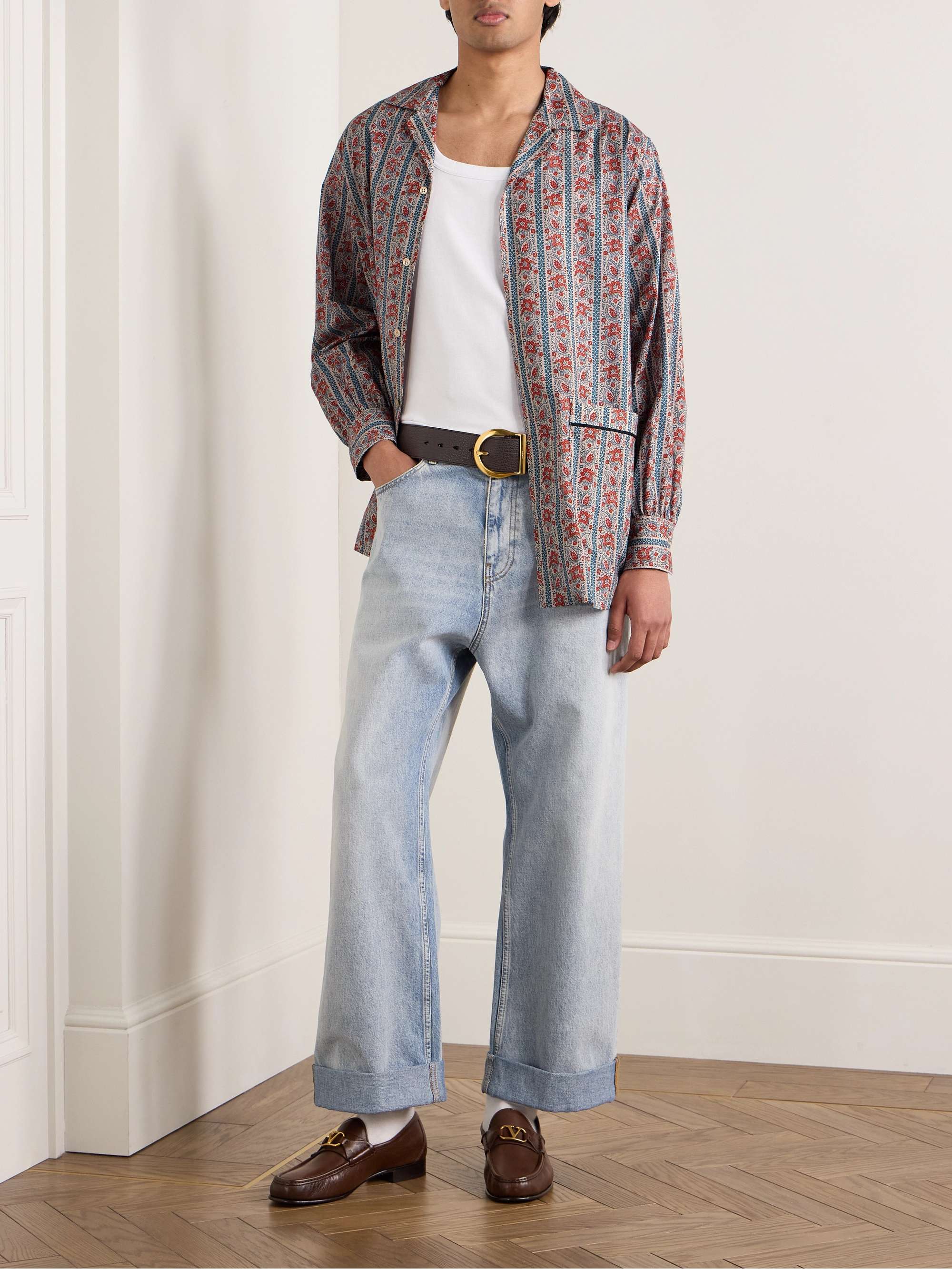 Camp-Collar Printed Striped Cotton-Muslin Shirt view