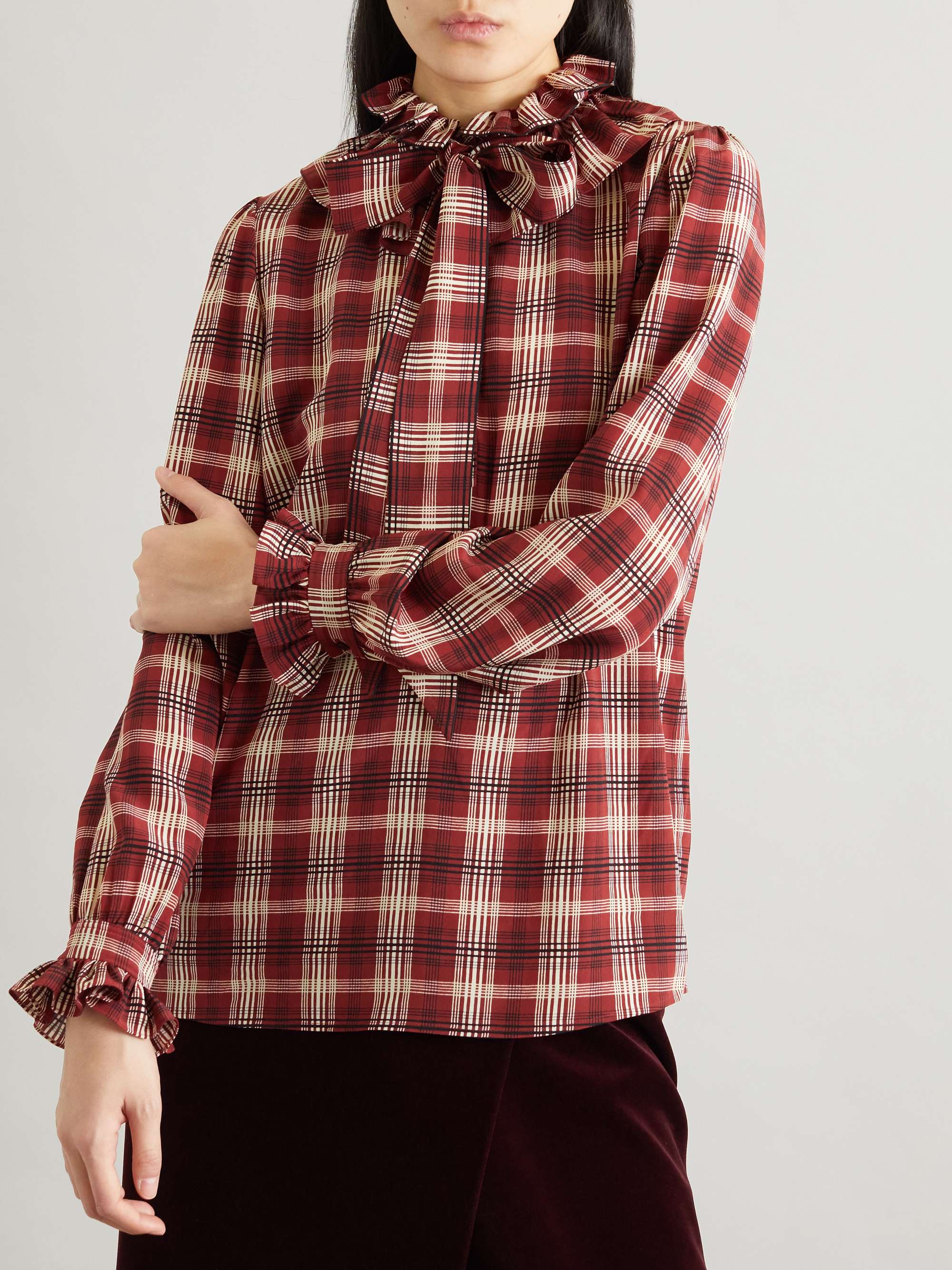 Pussy-bow ruched checked silk blouse view
