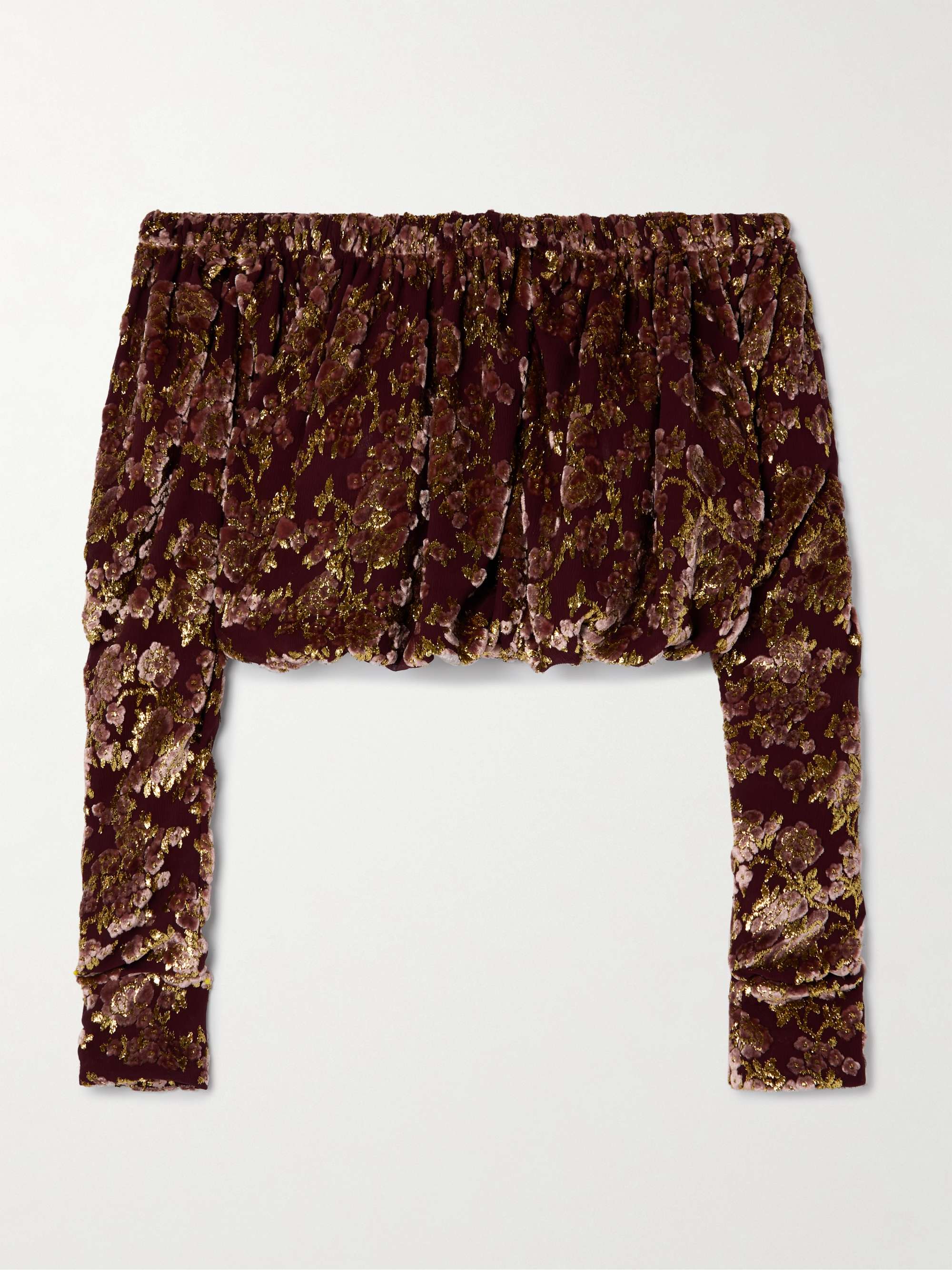 Off-the-shoulder ruched metallic devoré-velvet top view