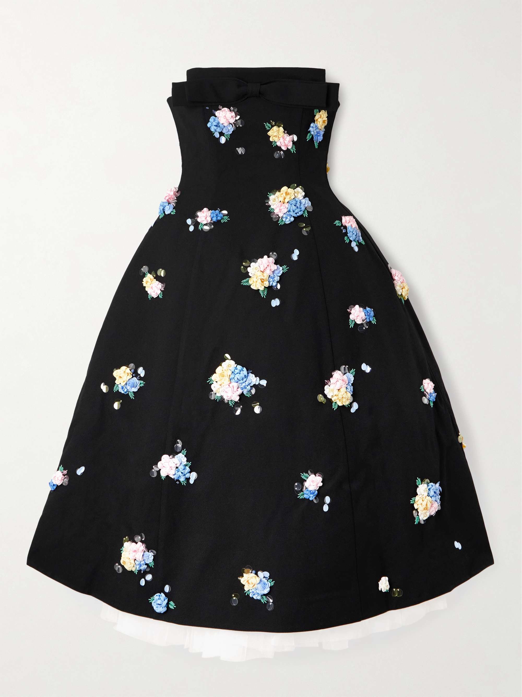 Strapless bow-detailed embellished twill midi dress view