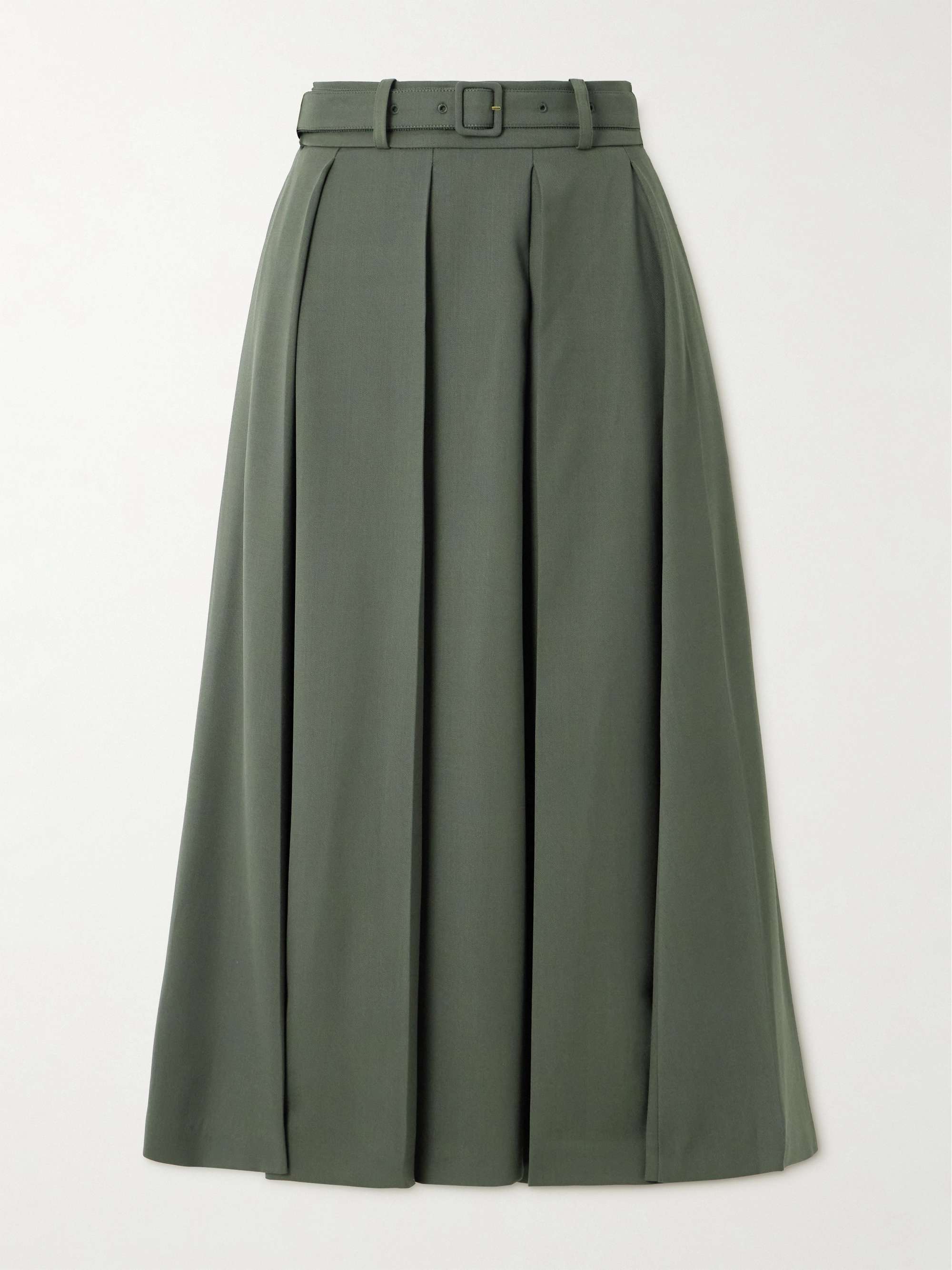 Belted pleated stretch-wool twill midi skirt view
