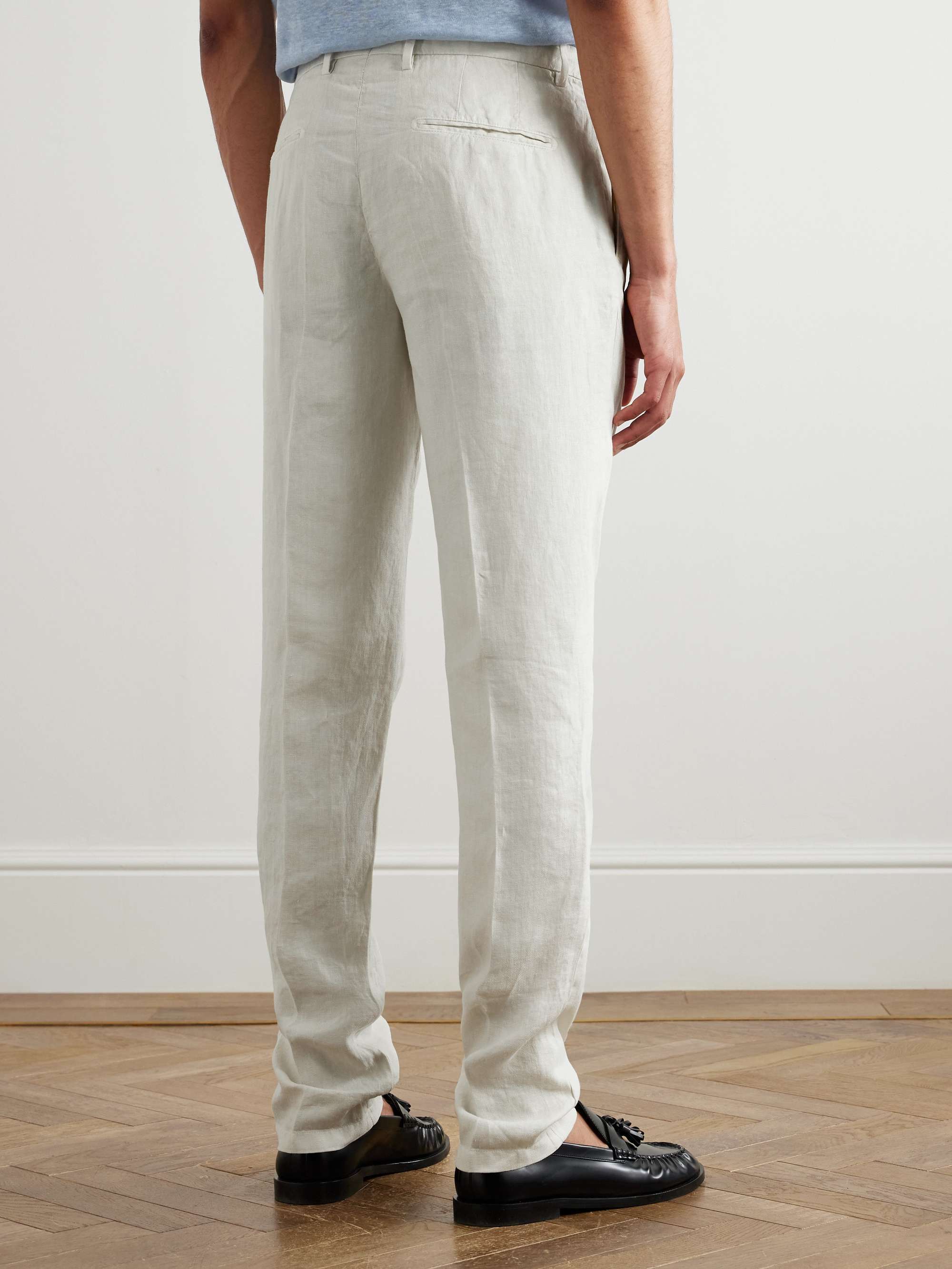 Slim-Fit Pleated Herringbone Linen Suit Trousers view