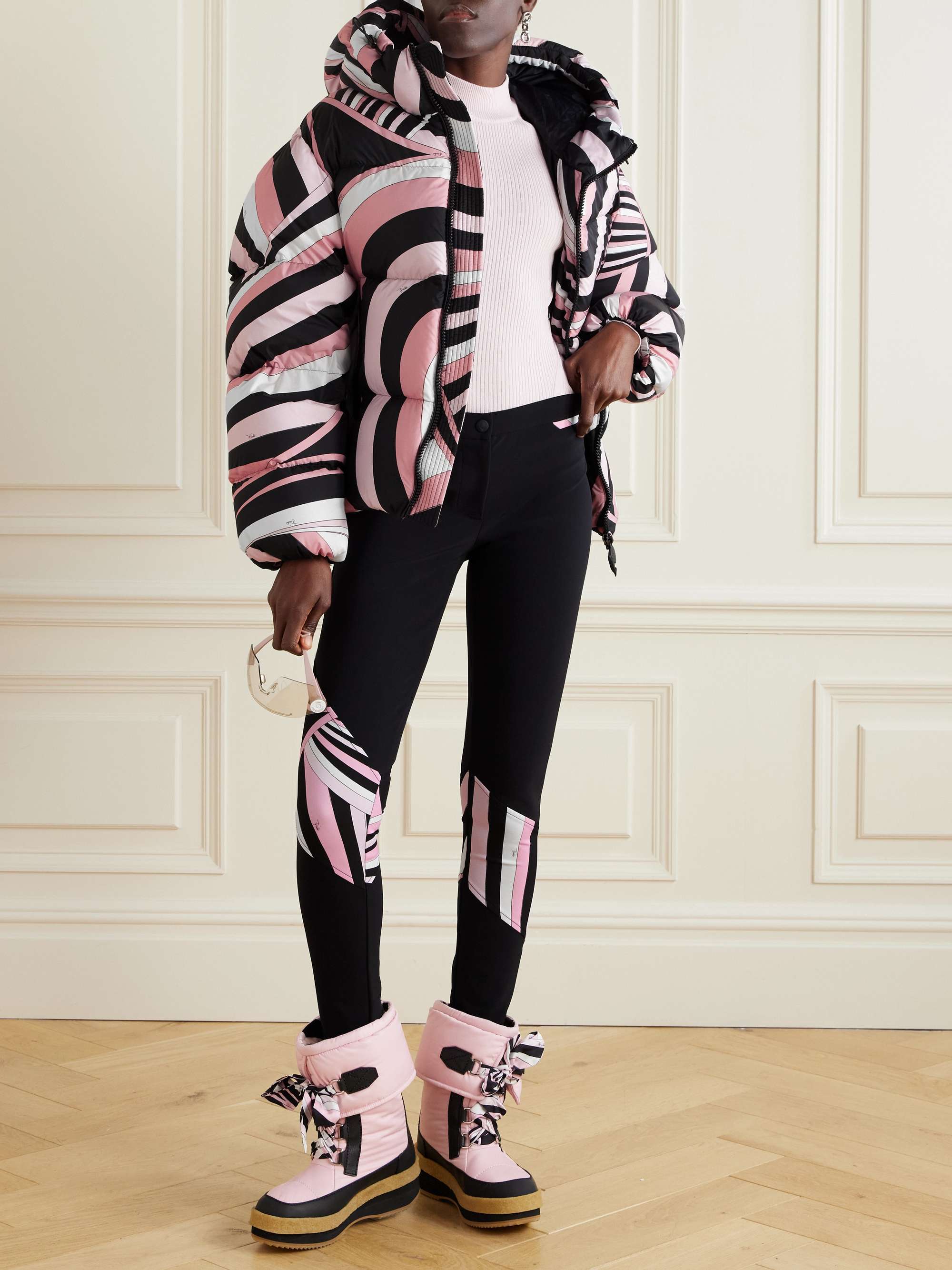Printed quilted shell hooded down jacket view