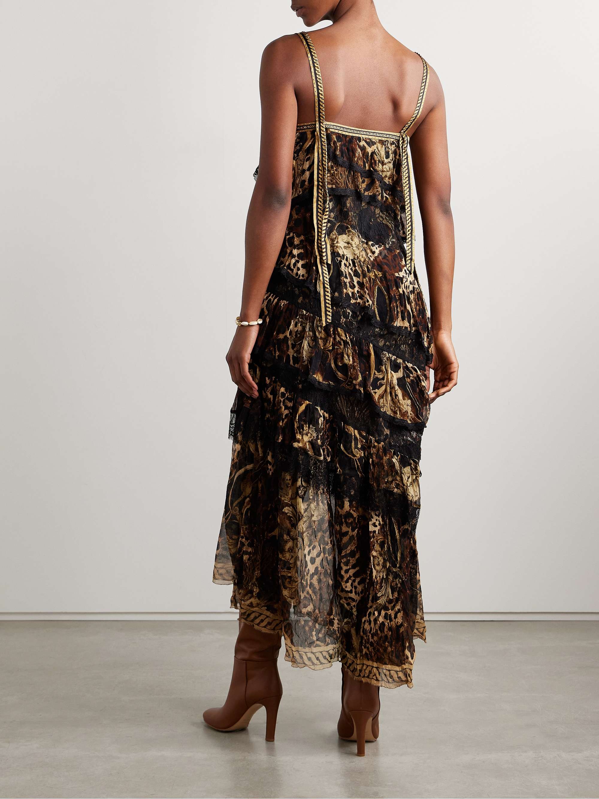 Tiered lace-trimmed crystal-embellished printed silk-crepon maxi dress view