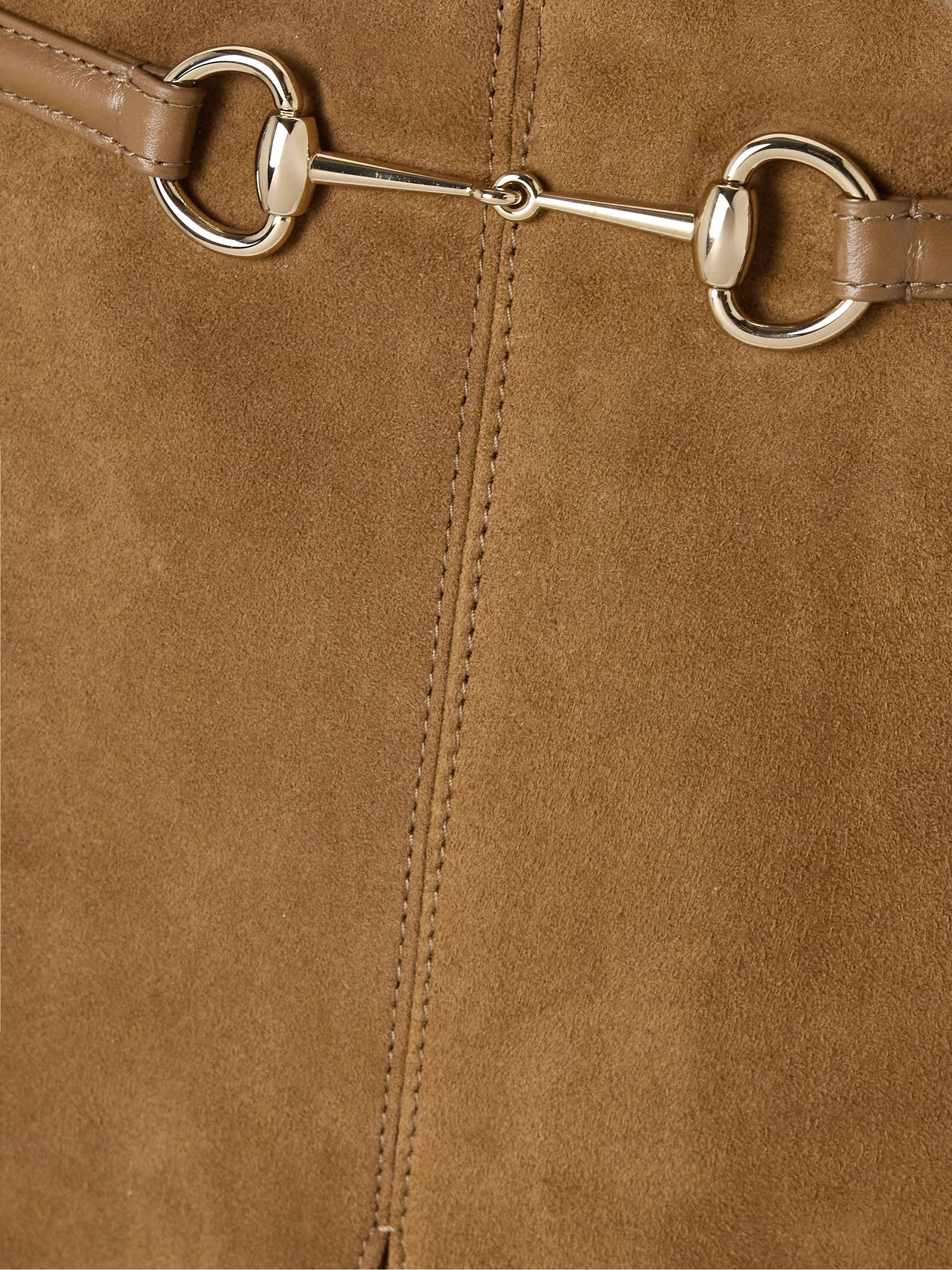 Horsebit-detailed leather-trimmed pleated suede midi skirt view