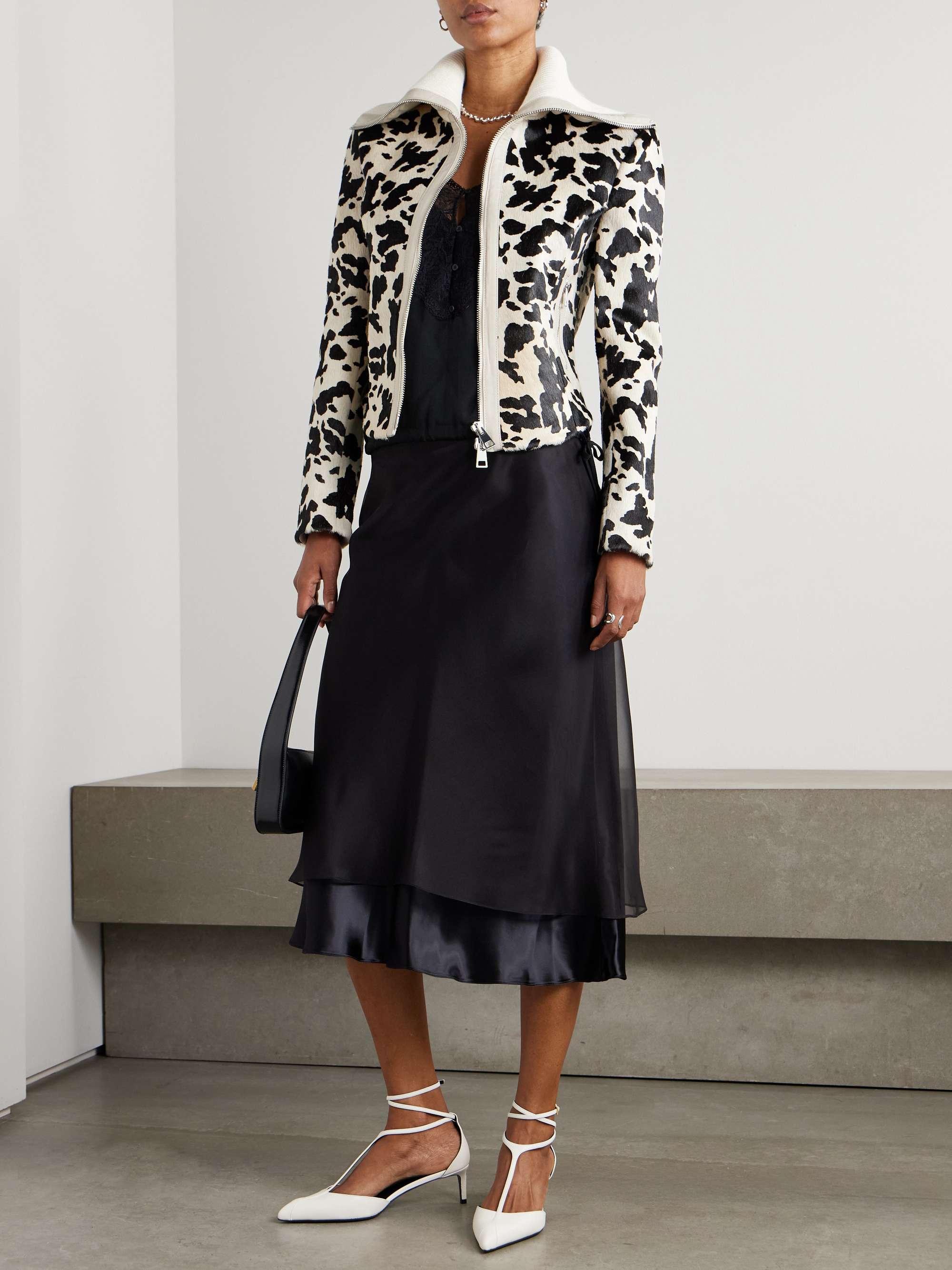 Ribbed cropped wool-trimmed animal-print goat hair jacket view