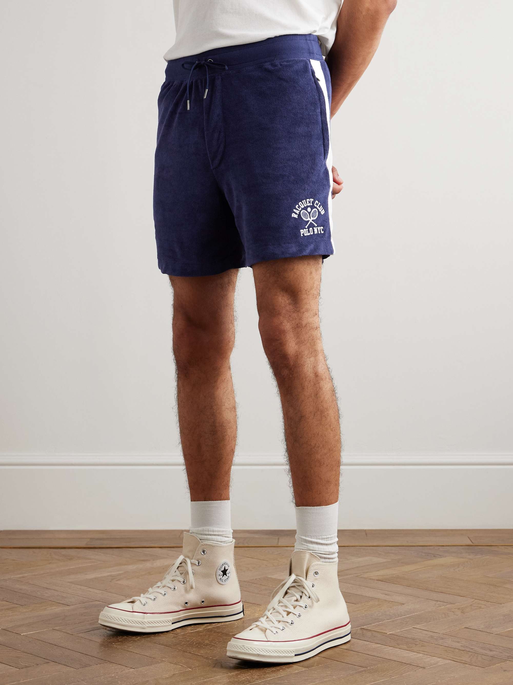 Straight-Leg Logo-Embroidered Striped Cotton-Blend Terry Shorts view