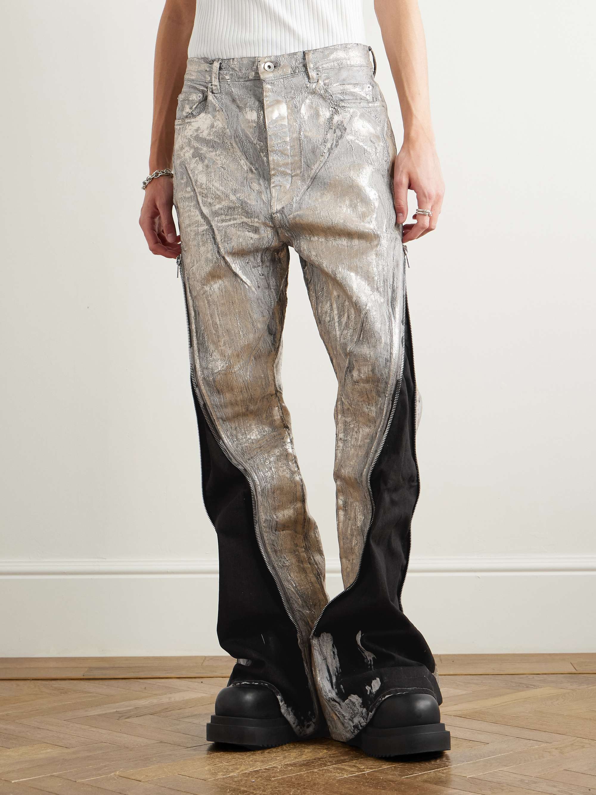 Bolan Flared Zip-Embellished Distressed Metallic Jeans view