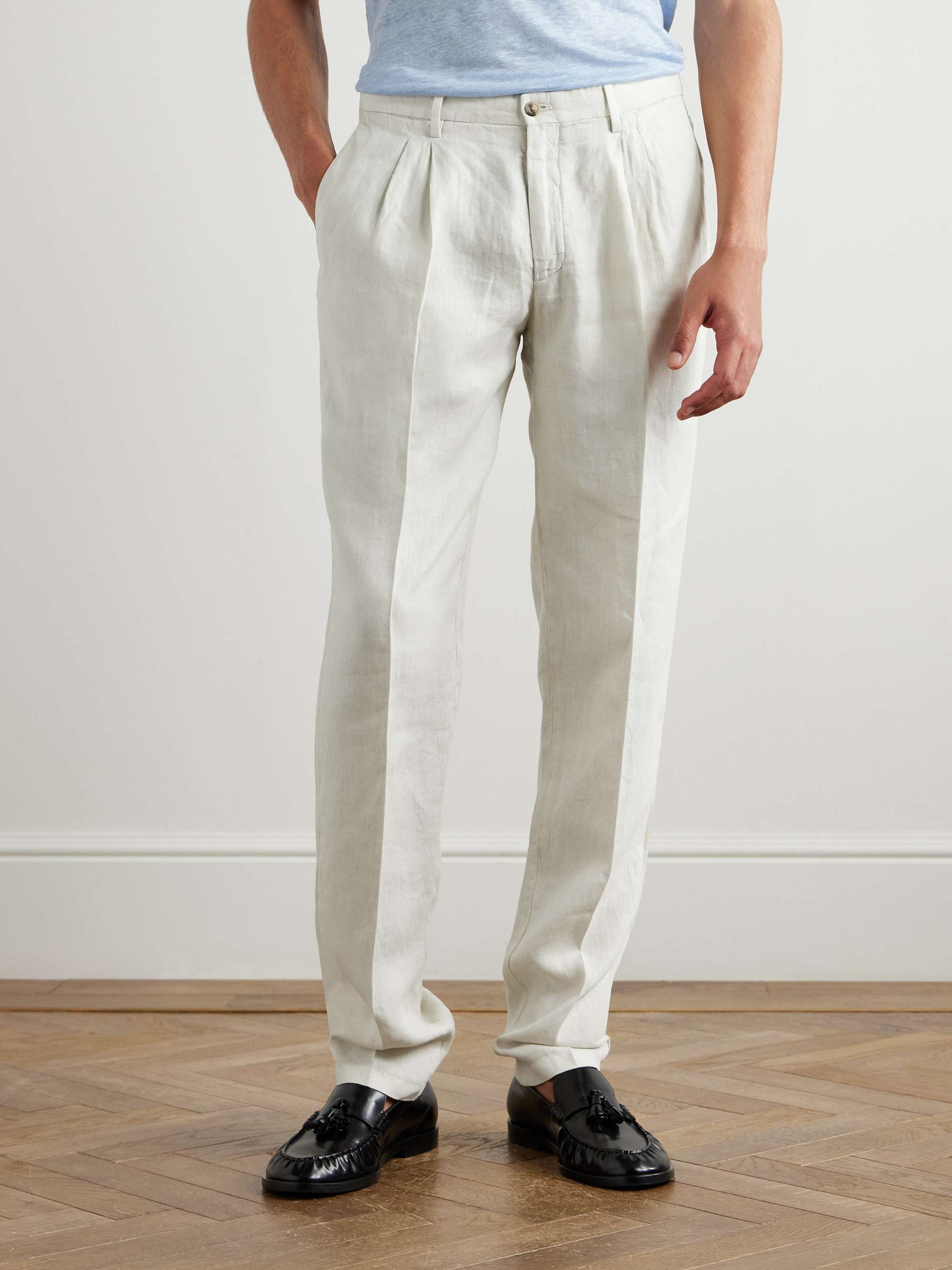 Slim-Fit Pleated Herringbone Linen Suit Trousers view