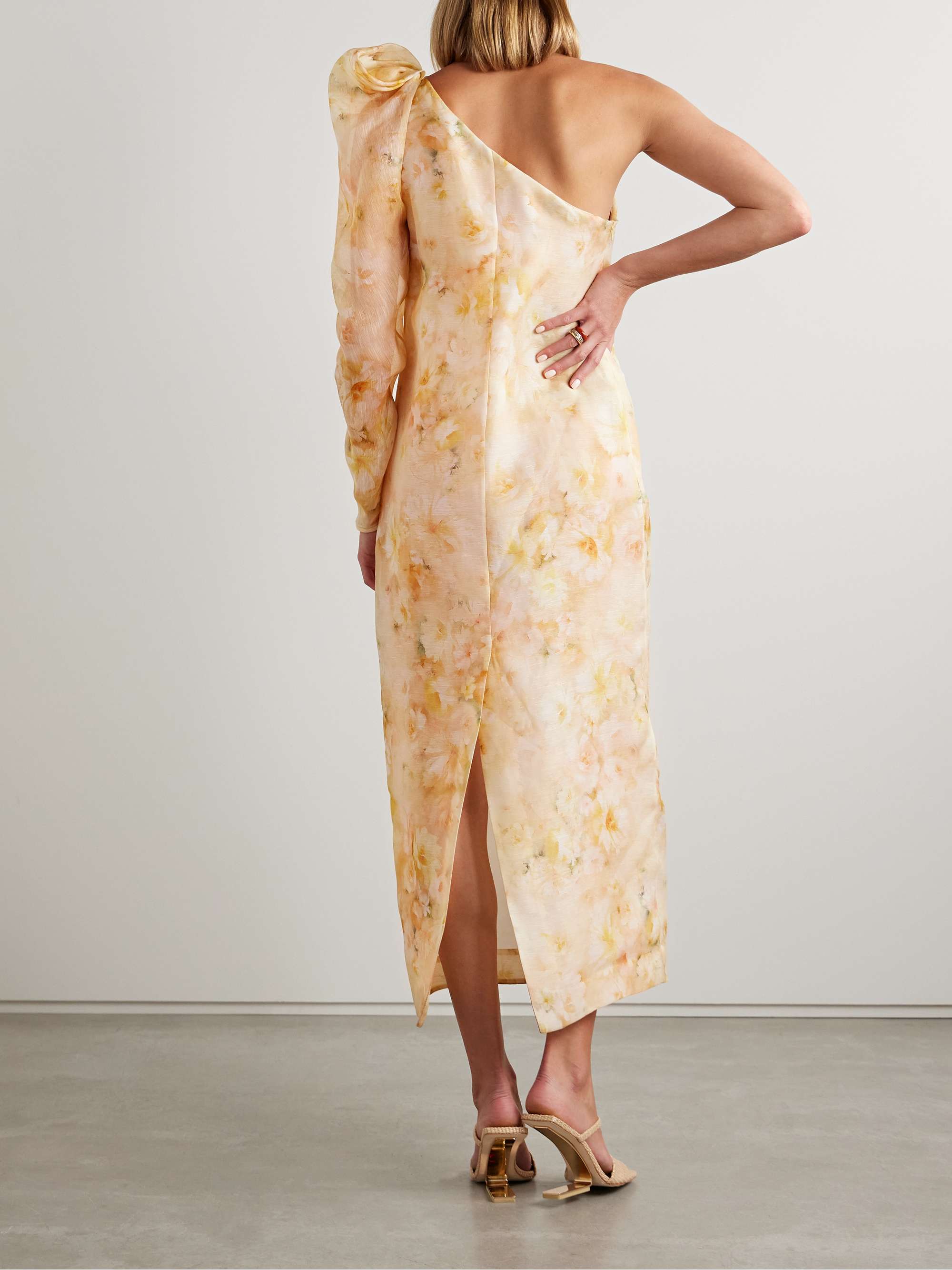 Crush one-sleeve floral-print linen and silk-blend midi dress view