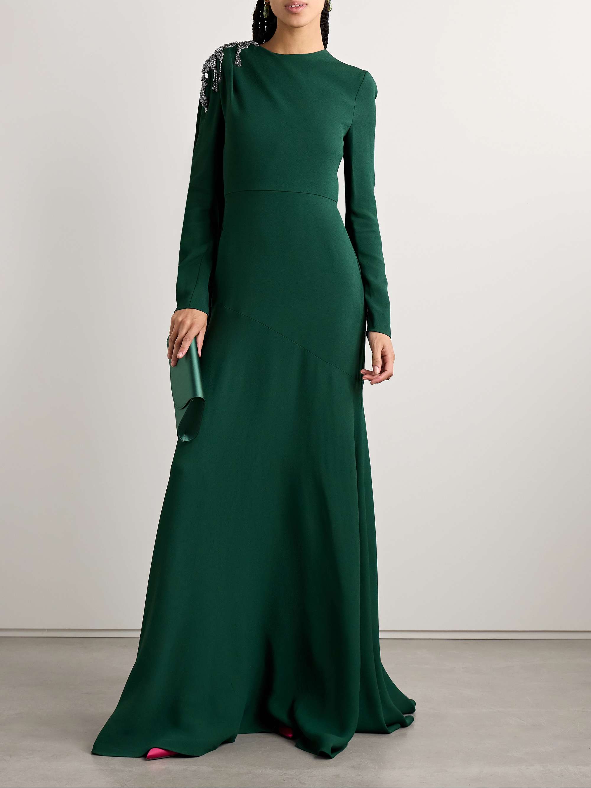 Draped crystal-embellished crepe gown view