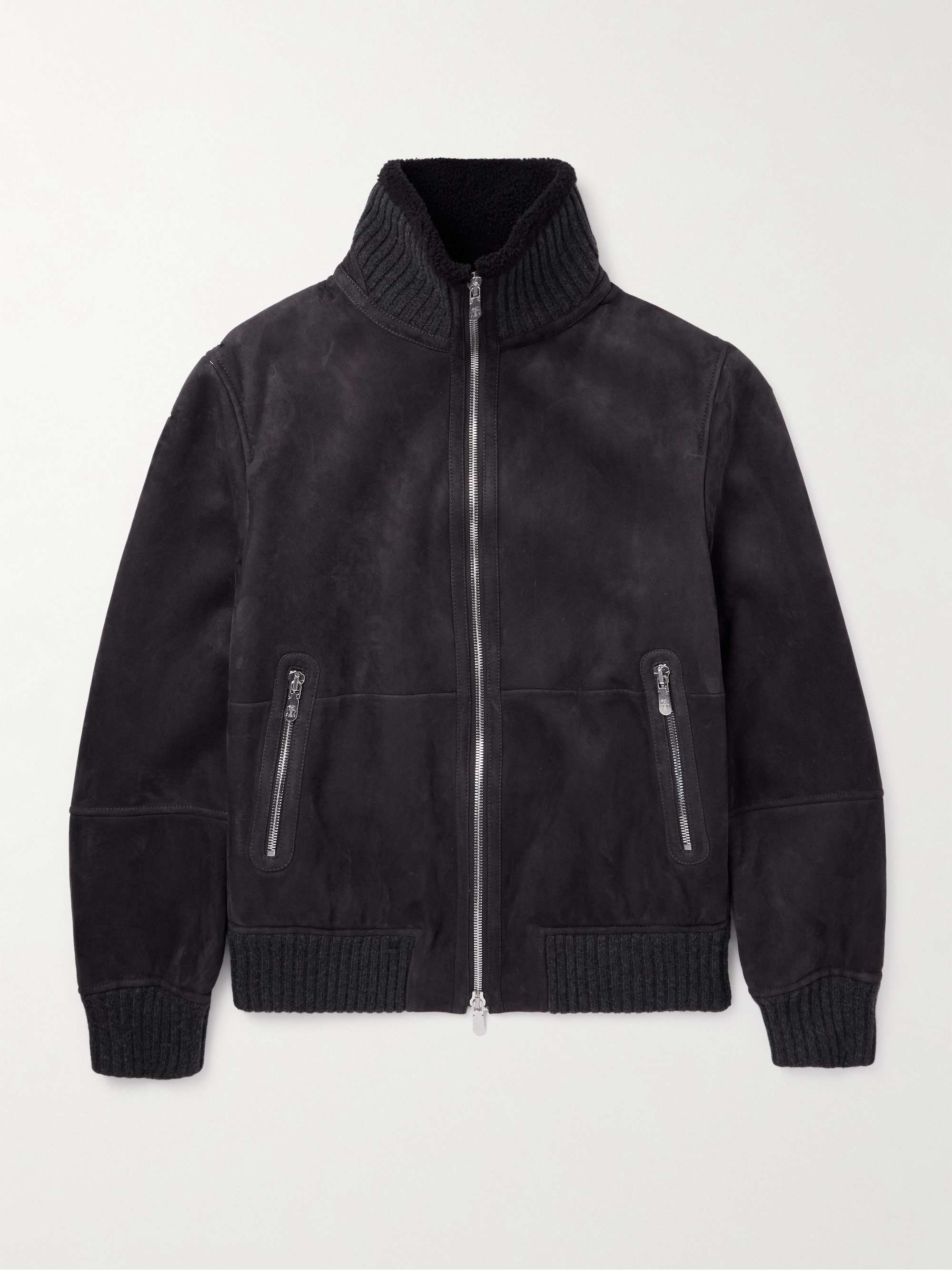 Ribbed Knit-Trimmed Shearling Bomber Jacket view