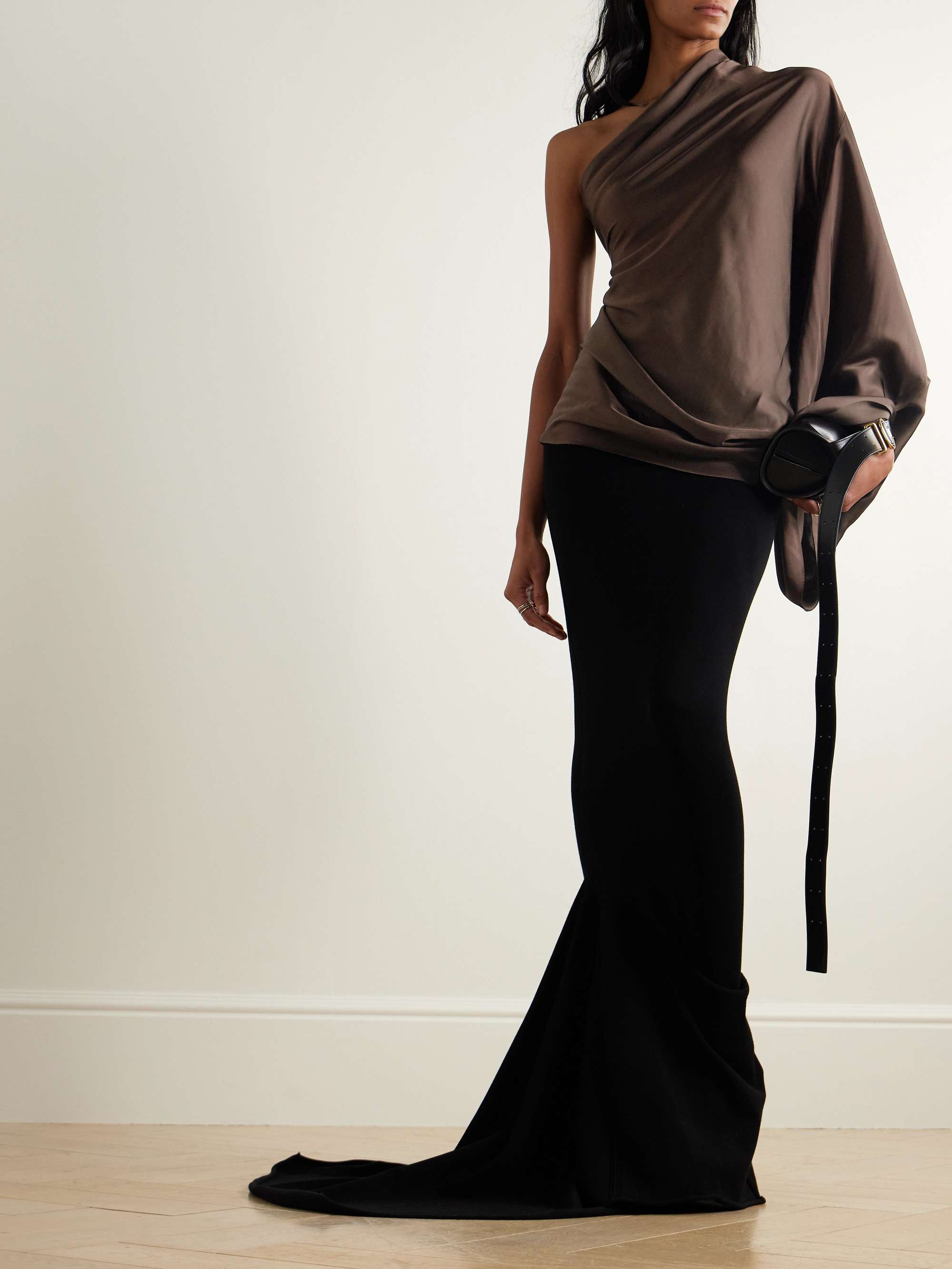 One-shoulder draped satin blouse view