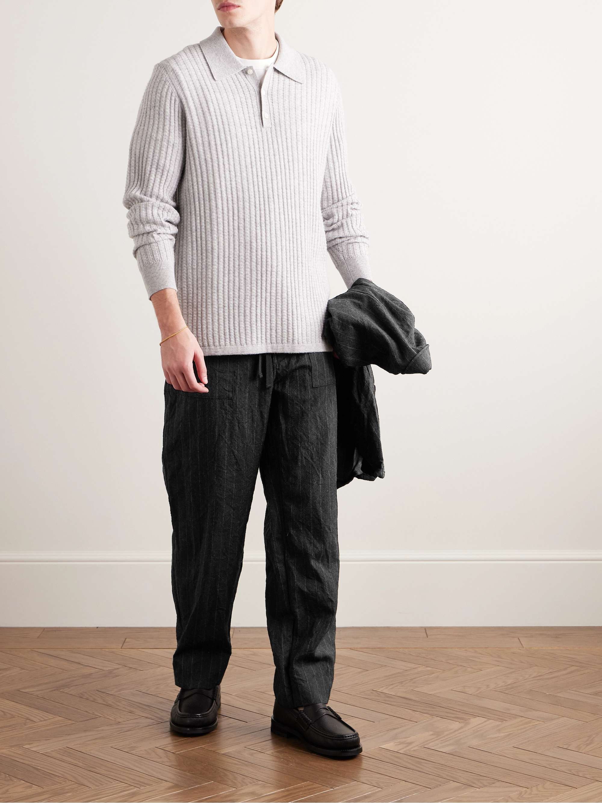 Take Easy Baker Straight-Leg Pinstriped Wool-Twill Drawstring Suit Trousers view