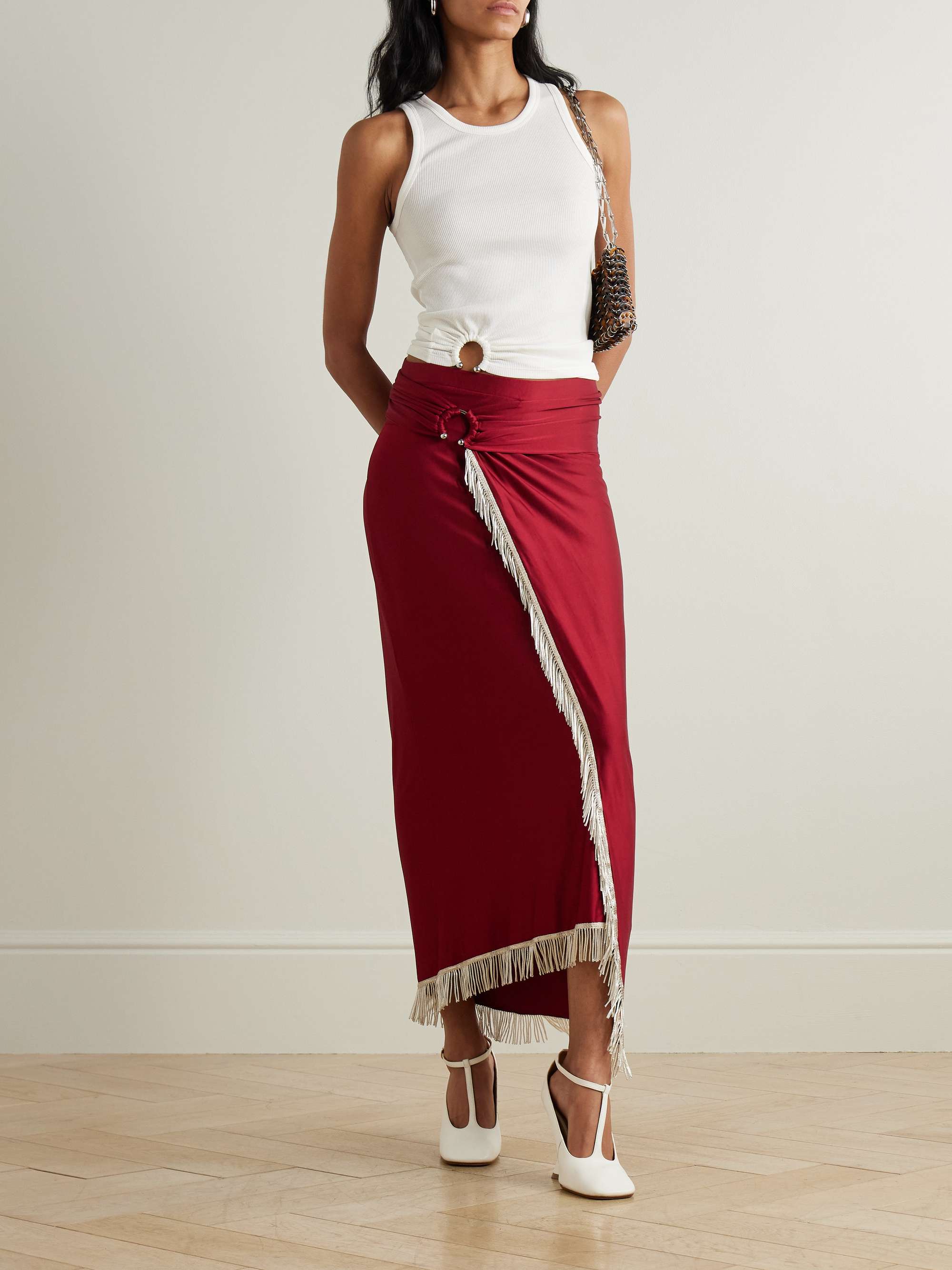 Fringed embellished satin-jersey midi skirt view