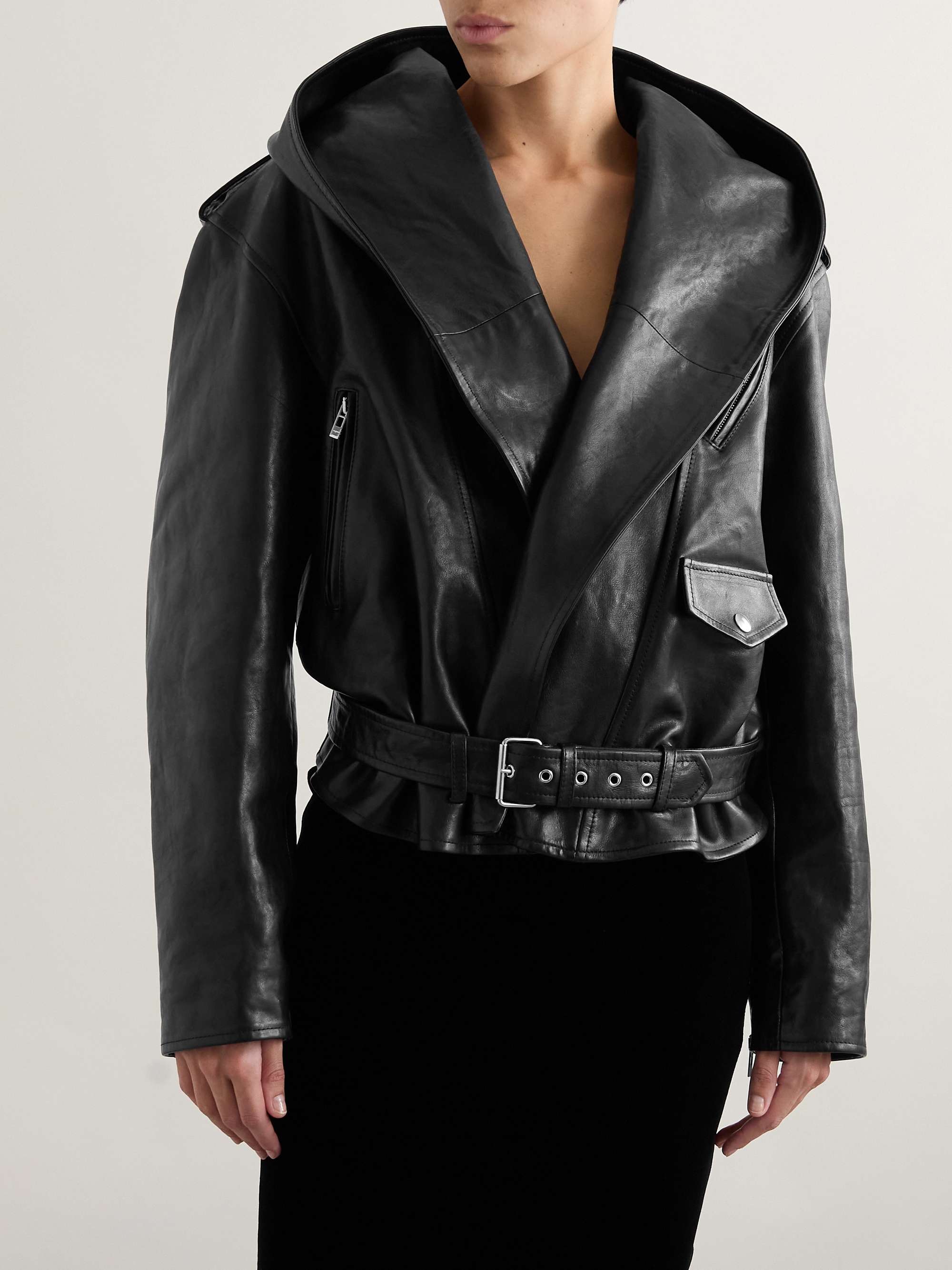 Hooded leather biker jacket view