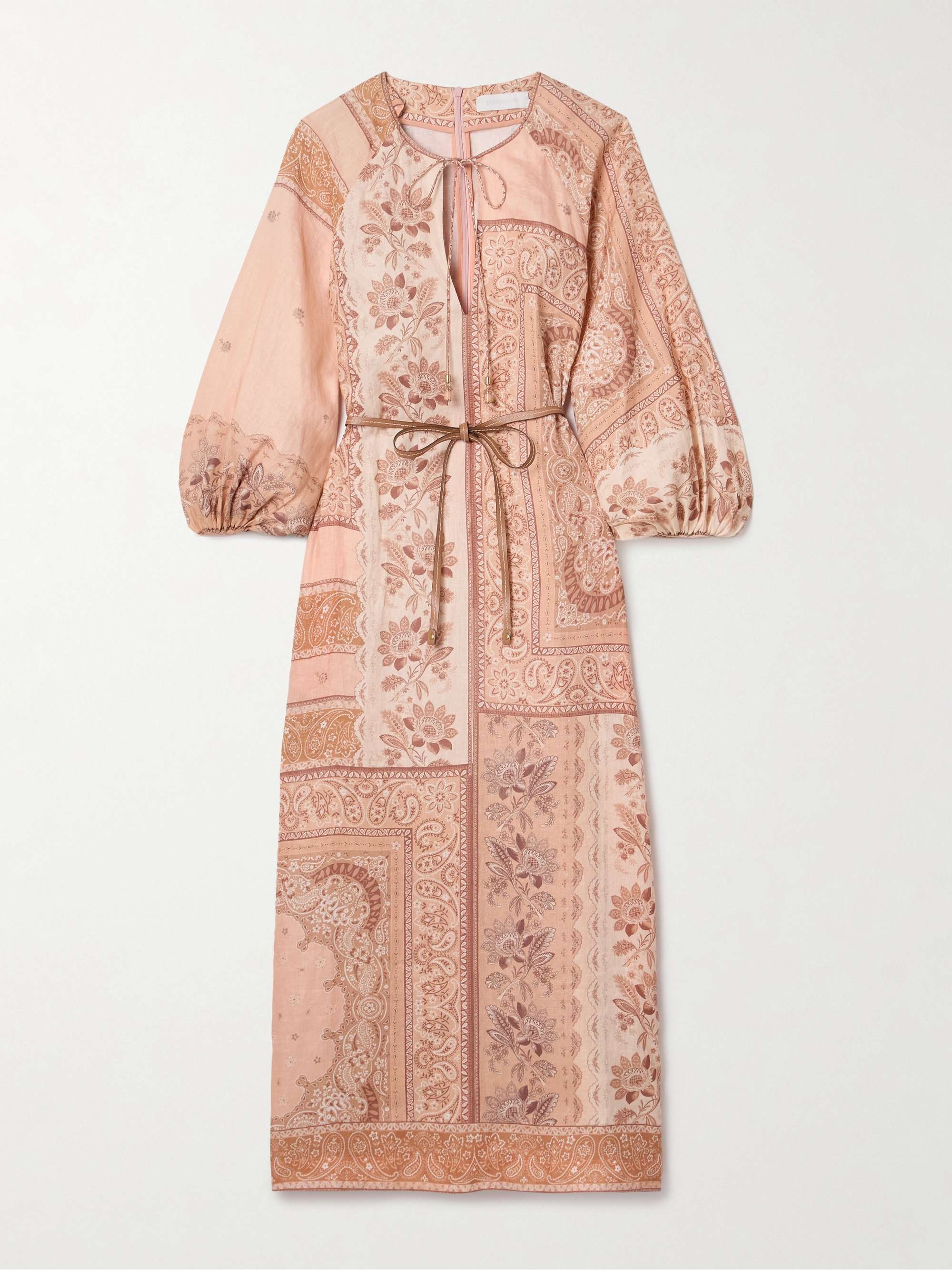 Lucky leather-trimmed belted paisley-print linen midi dress view