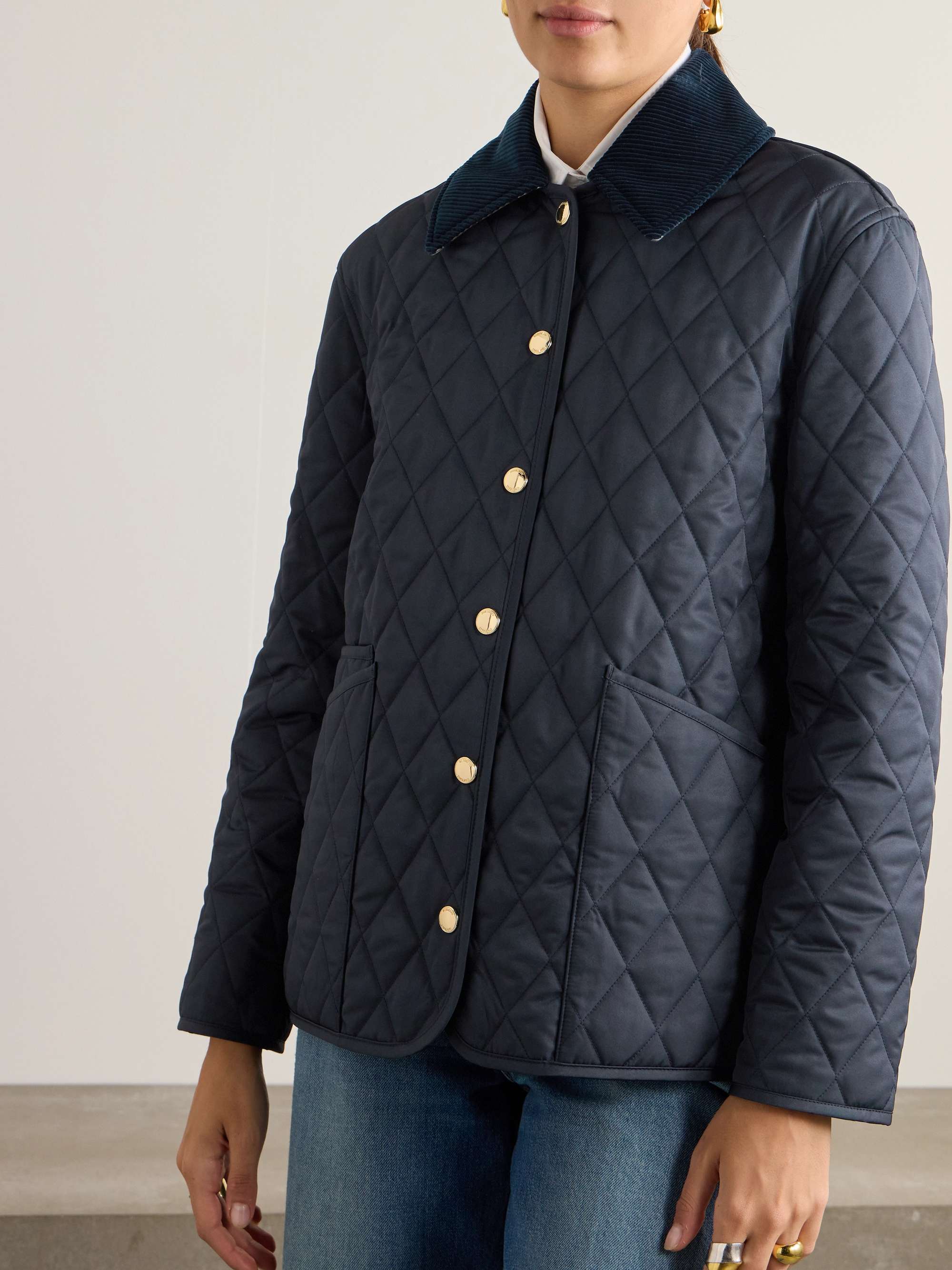 Reversible corduroy-trimmed quilted shell and checked cotton jacket view