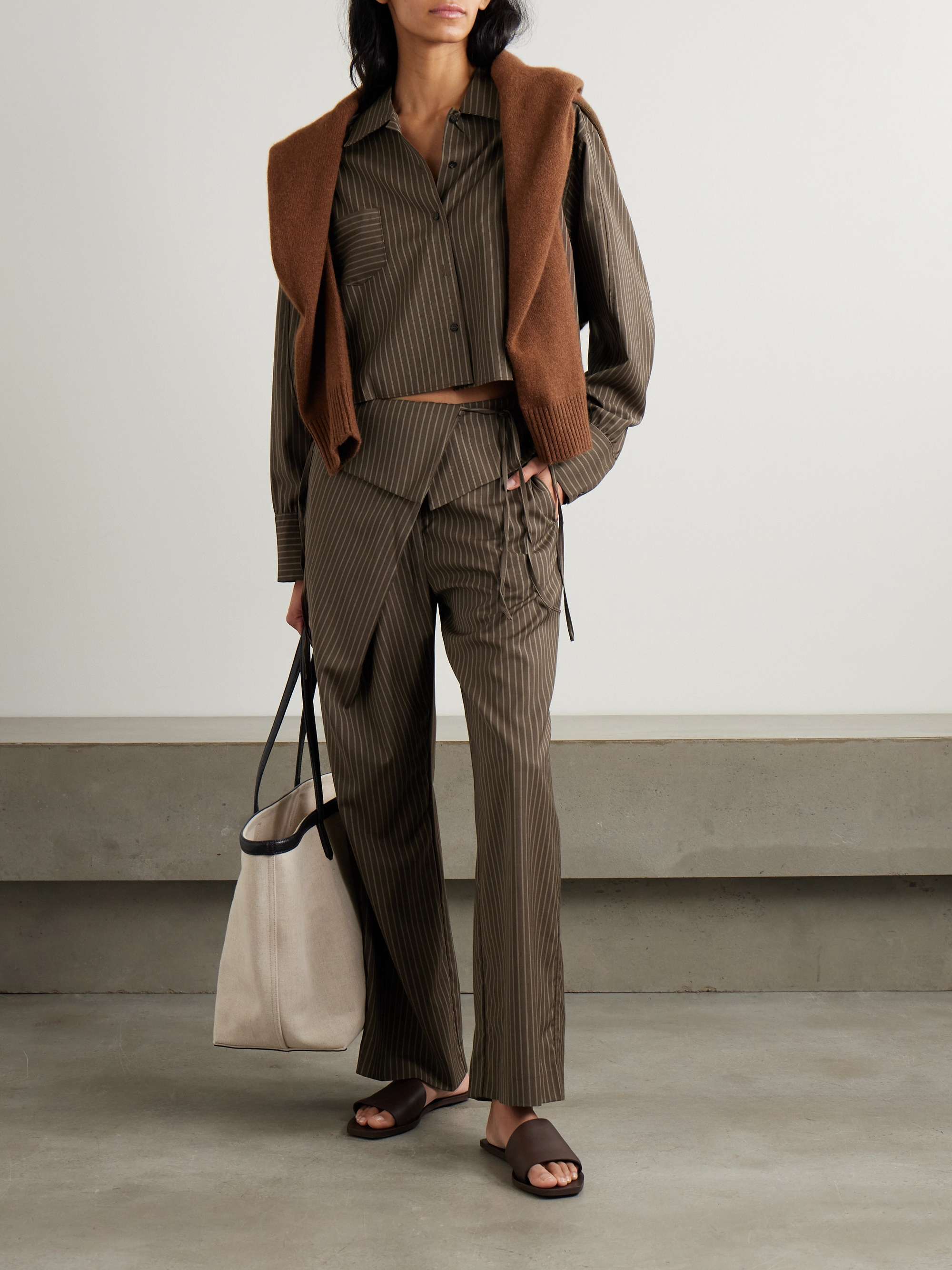 Folded asymmetric pinstriped wool wide-leg pants view